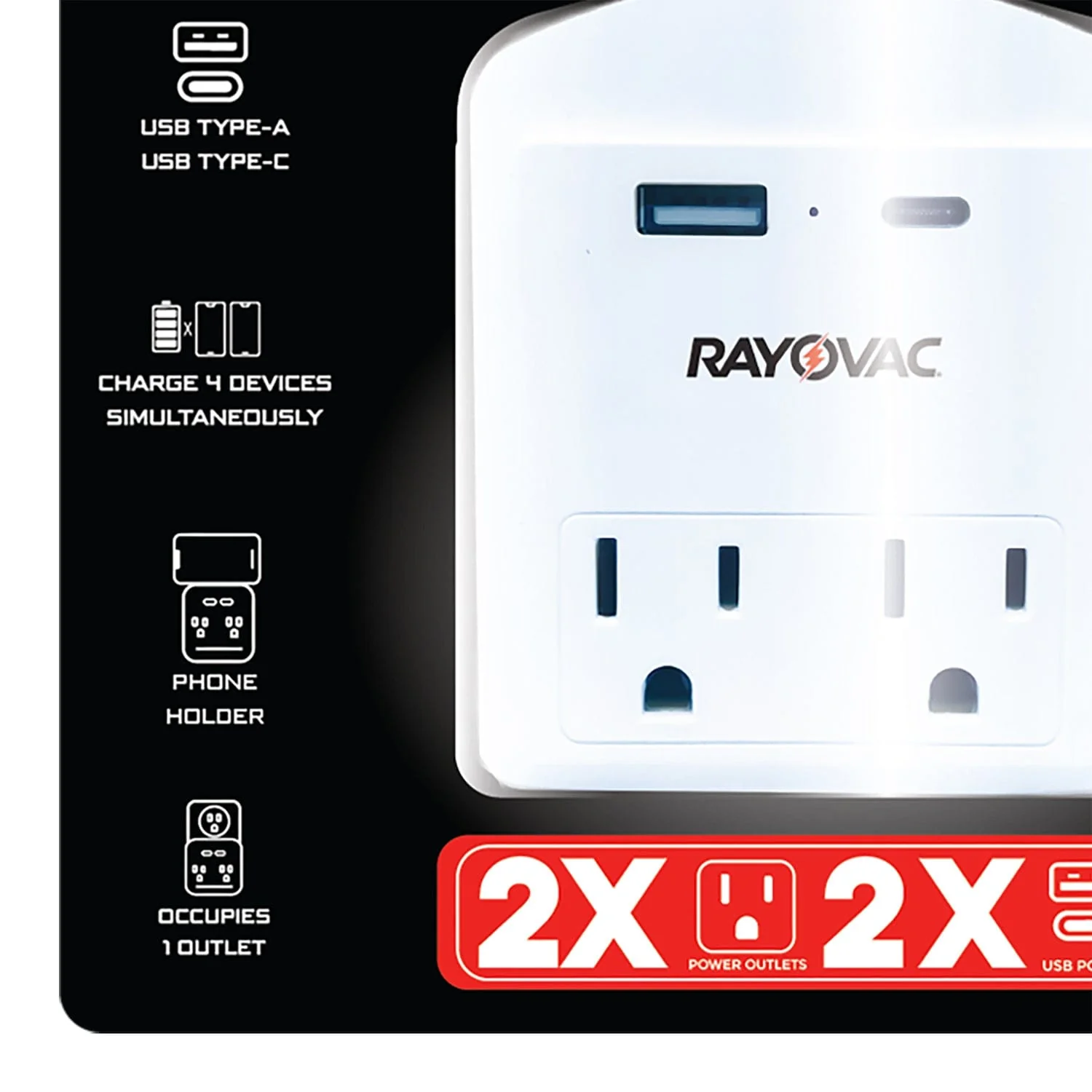Rayovac AC Outlet and 2-USB Port 300-Joules Portable Surge Protector Wall Tap with Phone Holder, 2 Outlet - Image 5