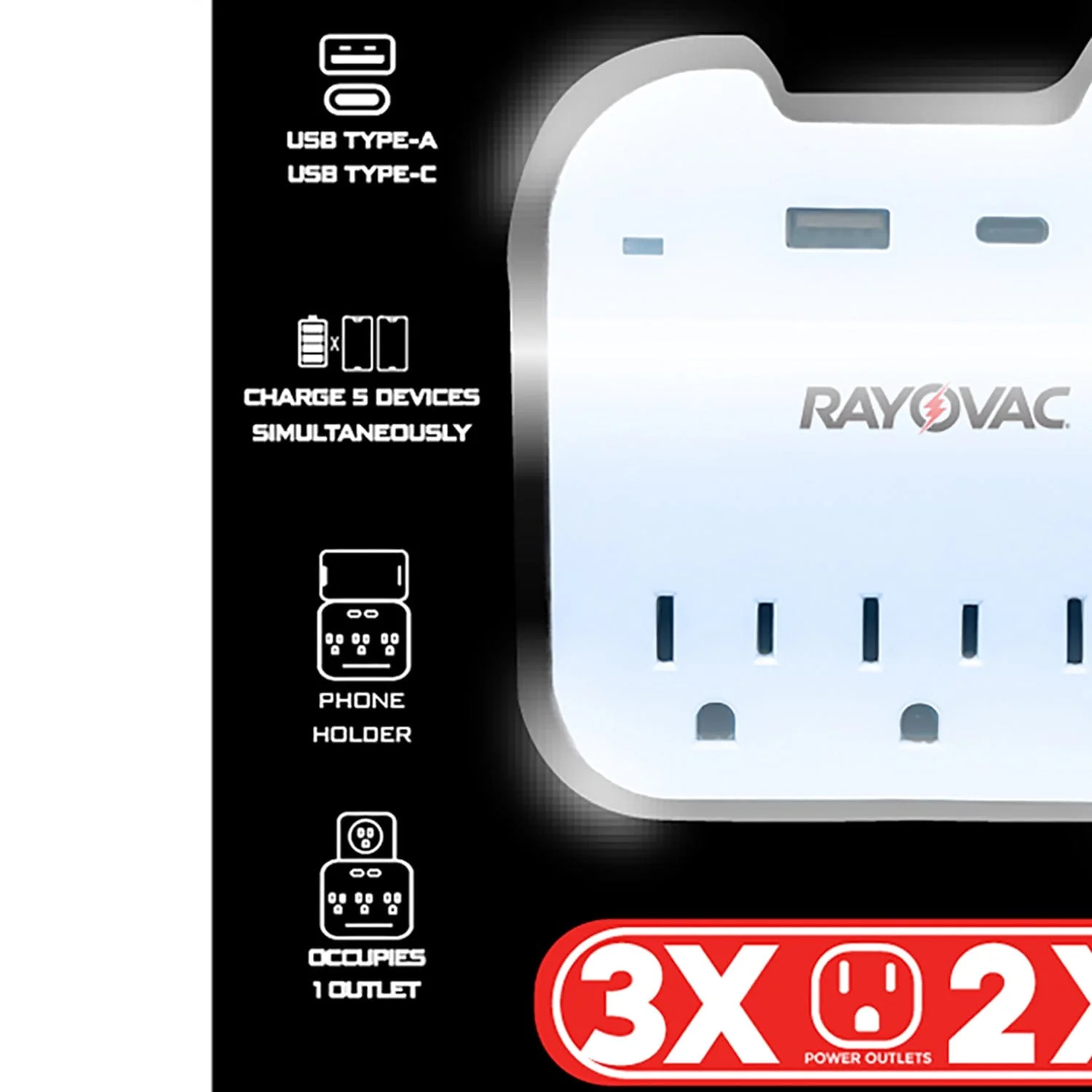 Rayovac AC Outlet and 2-USB Port 300-Joules Portable Surge Protector Wall Tap with Phone Holder, 3 Outlet - Image 5