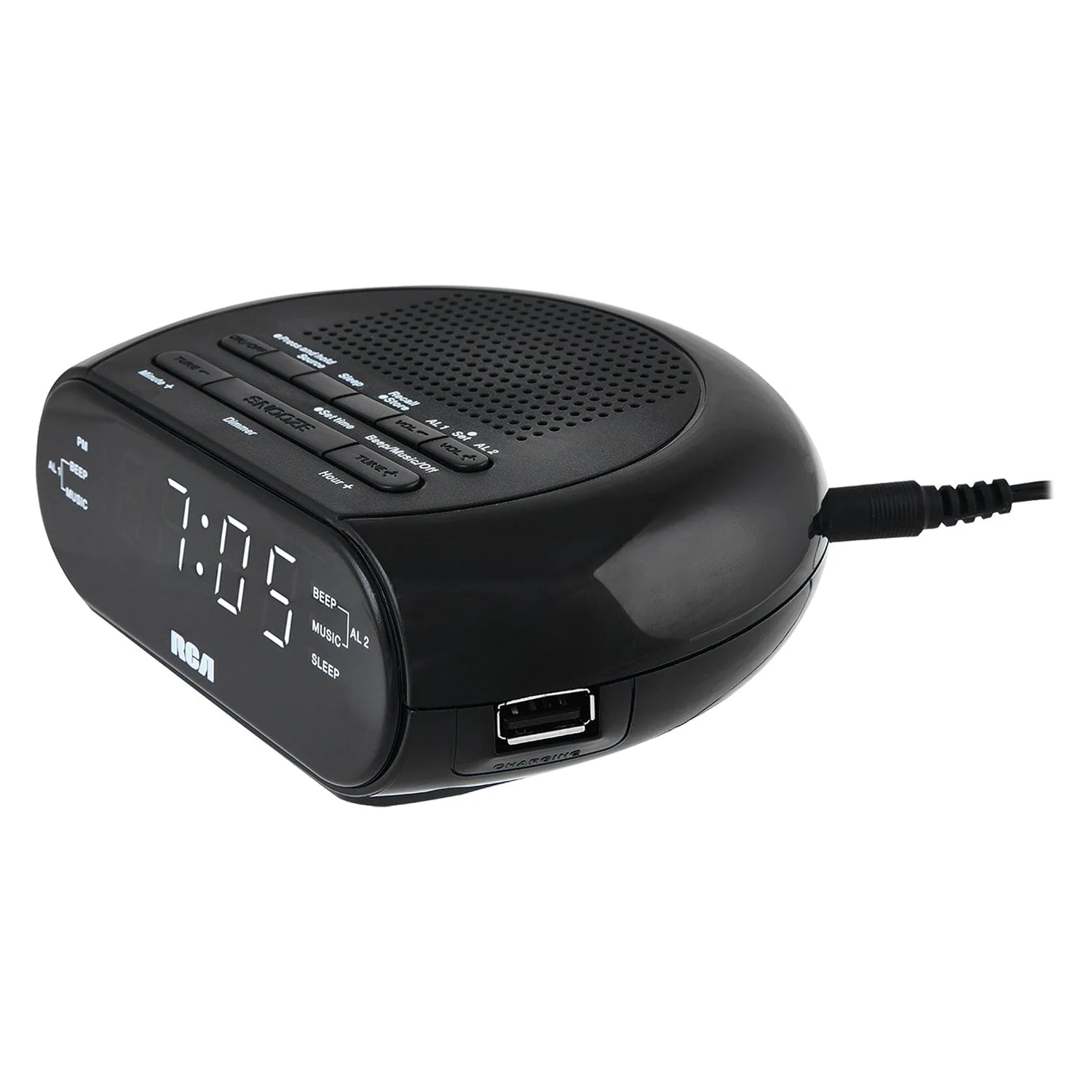 RCA Digital Radio Alarm Clock with Soothing Sounds, Brightness Control, USB Charging Port, and Battery Backup, RCS27 - Image 3