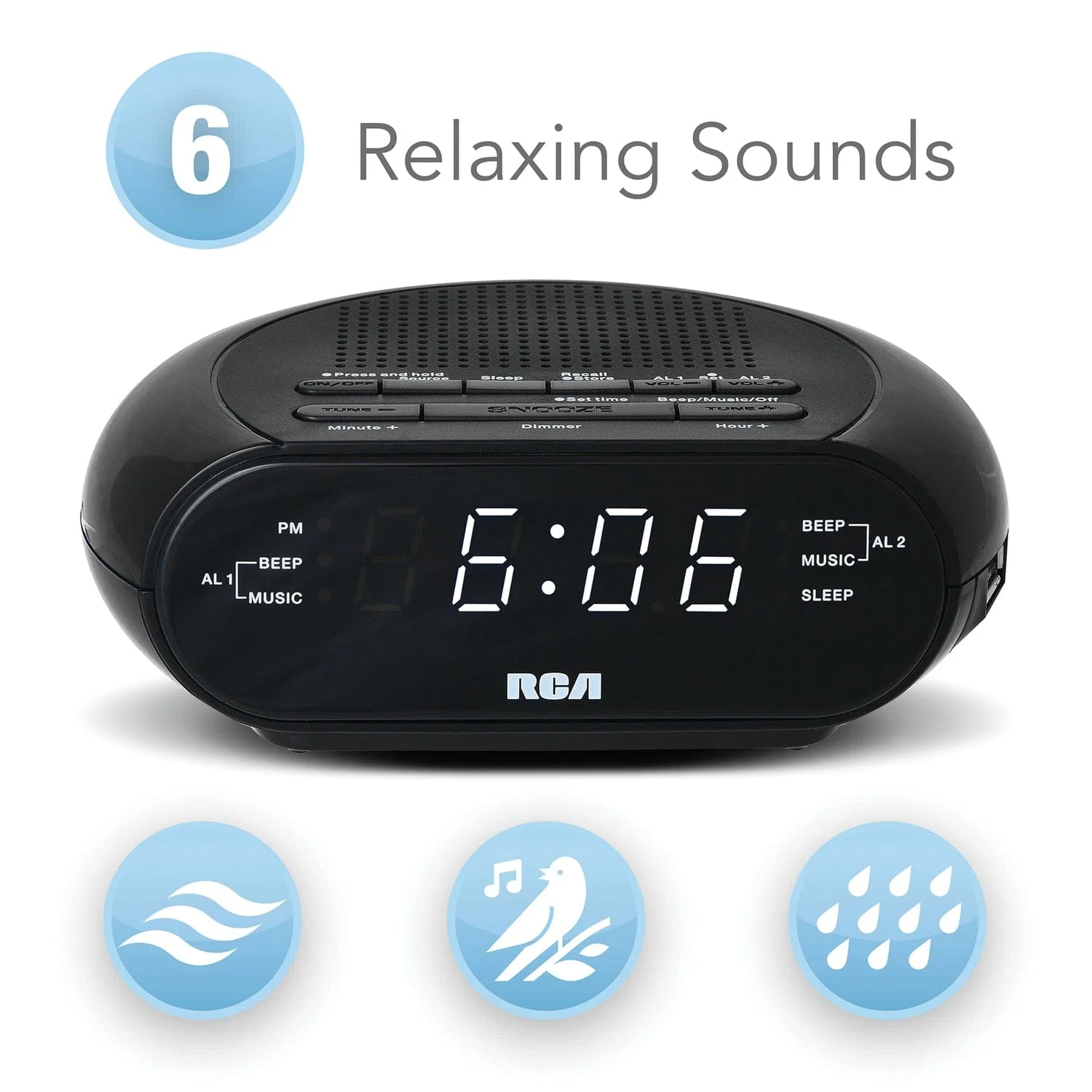 RCA Digital Radio Alarm Clock with Soothing Sounds, Brightness Control, USB Charging Port, and Battery Backup, RCS27 - Image 4