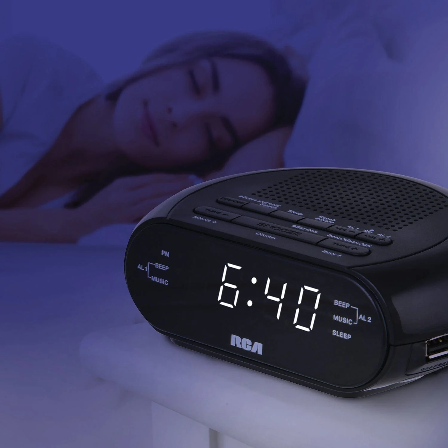 RCA Digital Radio Alarm Clock with Soothing Sounds, Brightness Control, USB Charging Port, and Battery Backup, RCS27 - Image 5