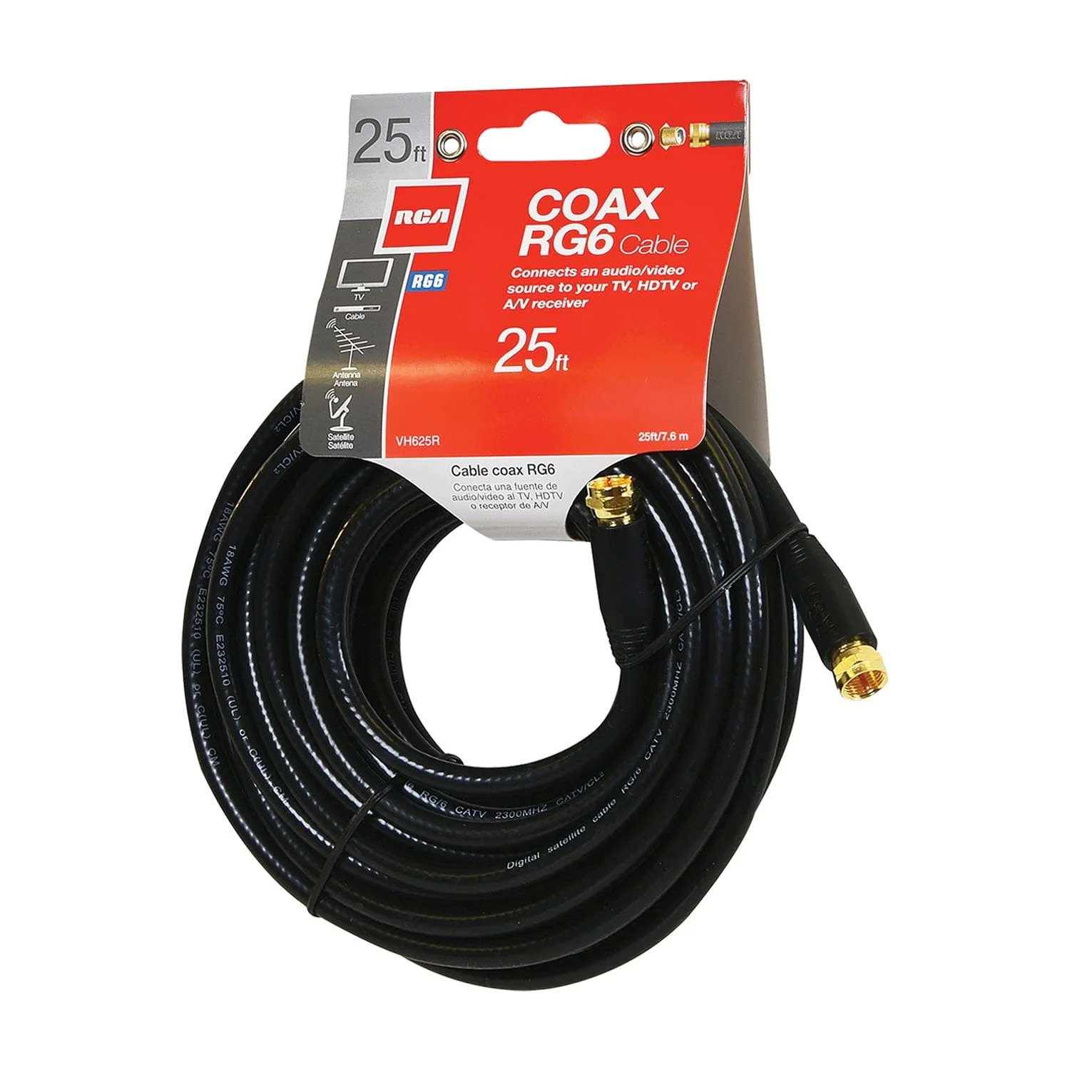 RCA RG6 Coaxial Cable with F-Connectors, 25 Ft., Black - Image 5