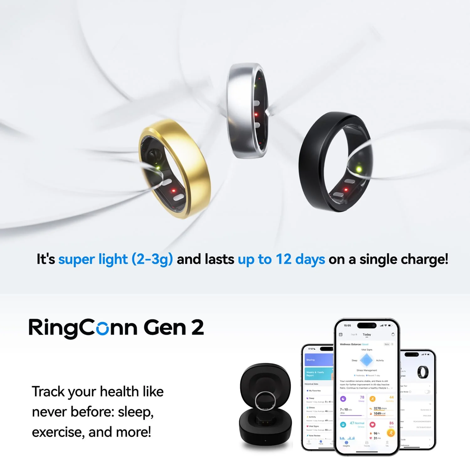 RingConn Gen 2 Ultra-Thin Smart Ring with Sleep Apnea Monitoring and Health Tracking, Size 14, Matte Black - Image 5