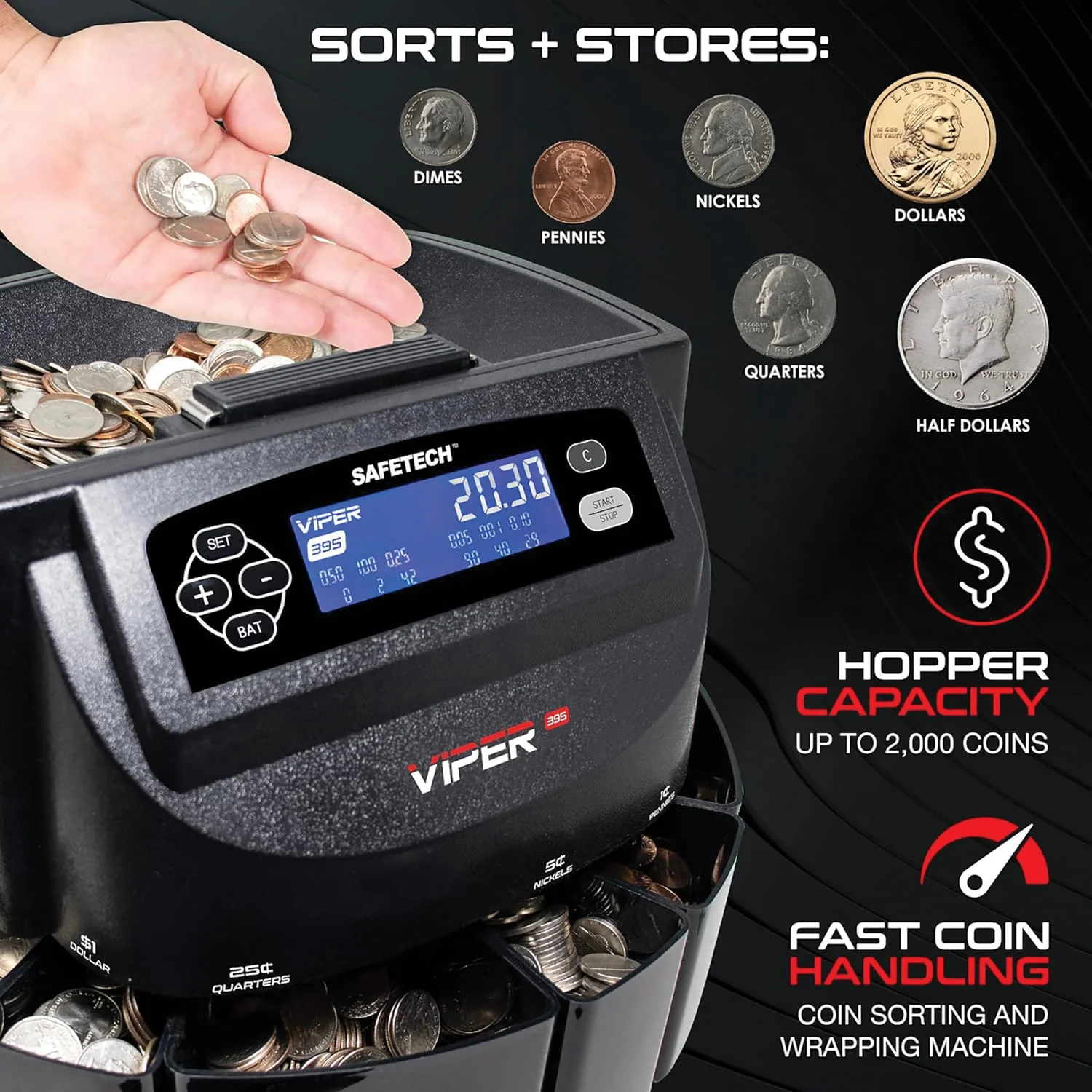 SafeTech Viper V395 Coin Counter, Sorter, and Wrapper, with 48 Preformed Wrappers and Dust Cover - Image 2