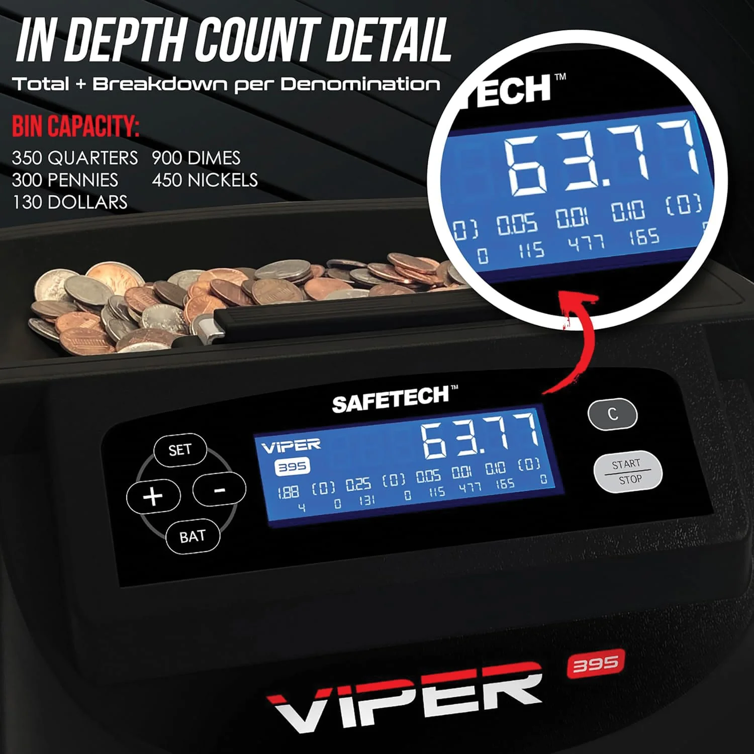 SafeTech Viper V395 Coin Counter, Sorter, and Wrapper, with 48 Preformed Wrappers and Dust Cover - Image 3