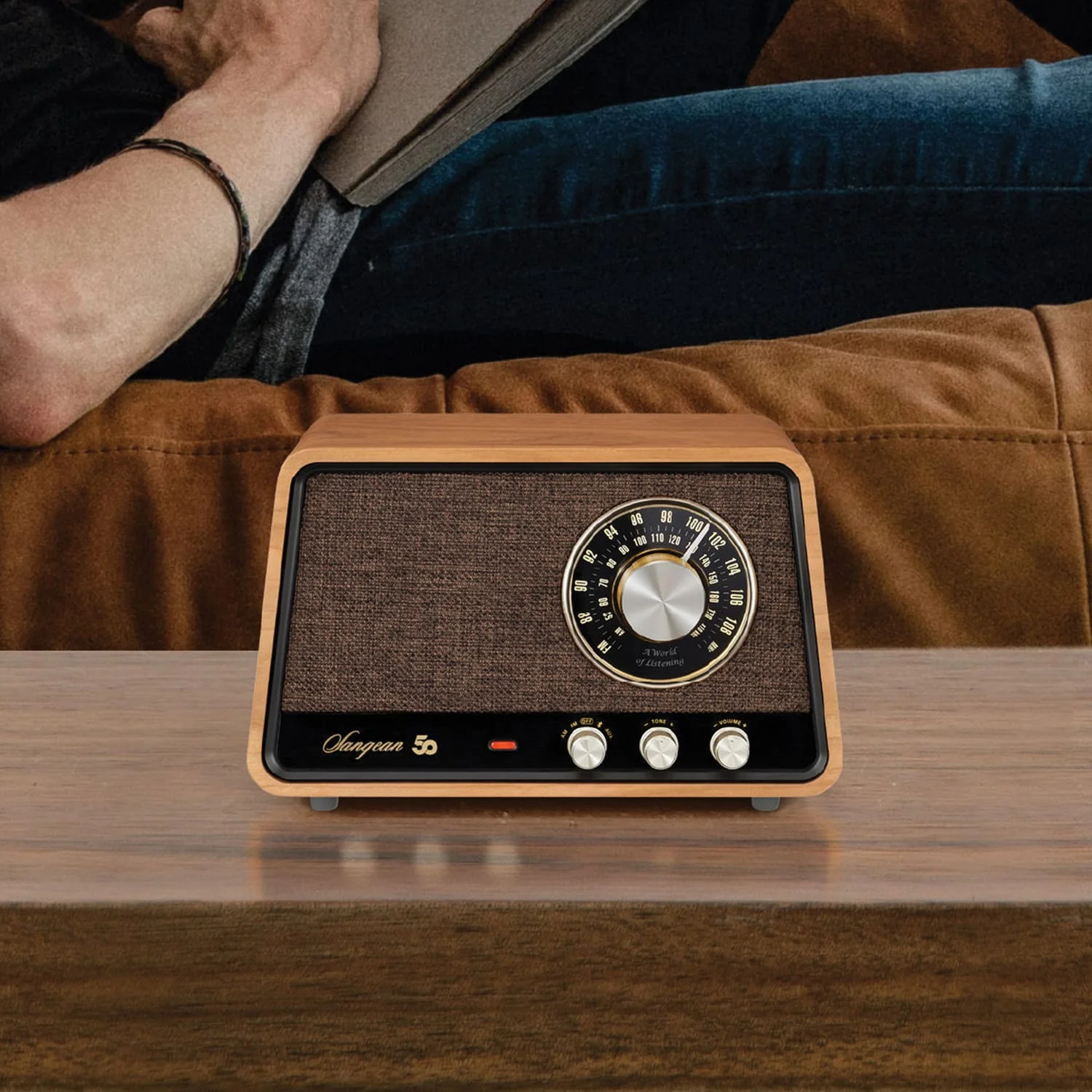 Sangean Retro-Style AM/FM/Bluetooth Wooden Cabinet Tabletop Radio, Natural Cherry, WR-55 - Image 3