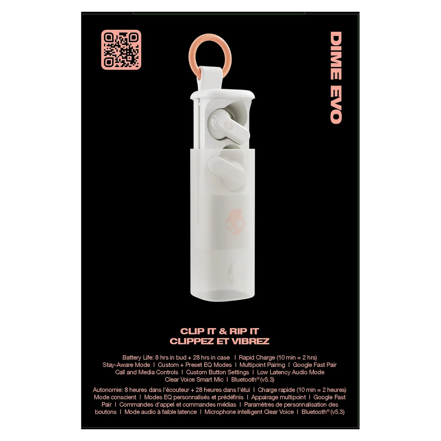 Skullcandy Dime Evo TWS Bluetooth In-Ear Earbuds with Mic and Charging Case, up to 36 Hours Play Time, IPX4 Water-Resistant, Bone/Orange Glow - Image 3