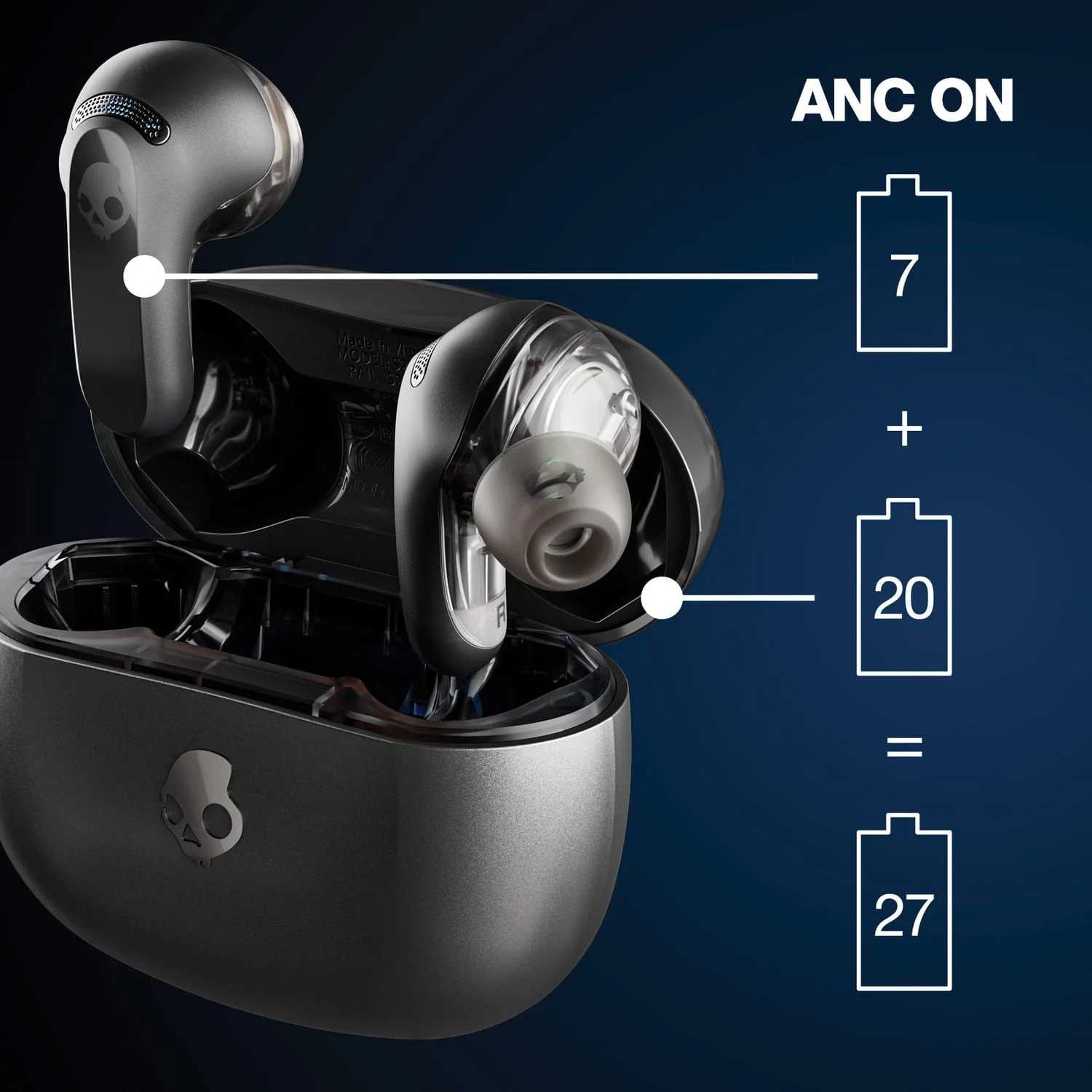 Skullcandy Rail ANC TWS Bluetooth In-Ear Earbuds with Mics and Charging Case, up to 38 Hours Play Time, IPX4 Sweat/Water-Resistant, True Black - Image 5
