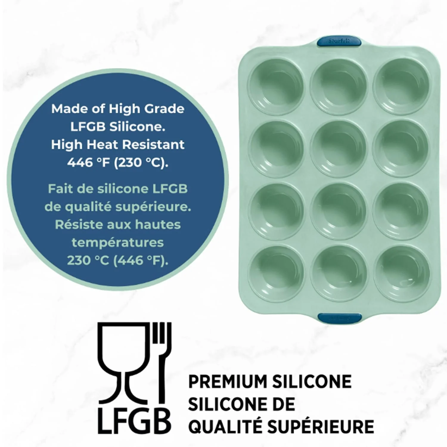 Starfrit 12-Cup Silicone Muffin Pan with Integrated Metal Frame, Sage Green - Image 3