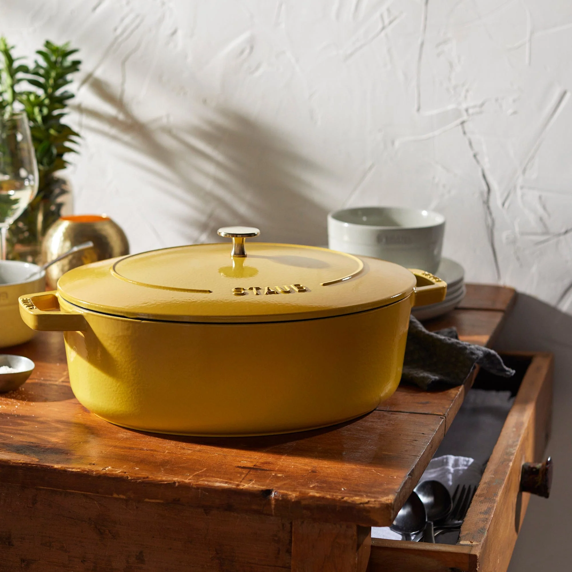 Staub Cast Iron 6.25-qt Shallow Oval Dutch Oven - Citron - Image 3