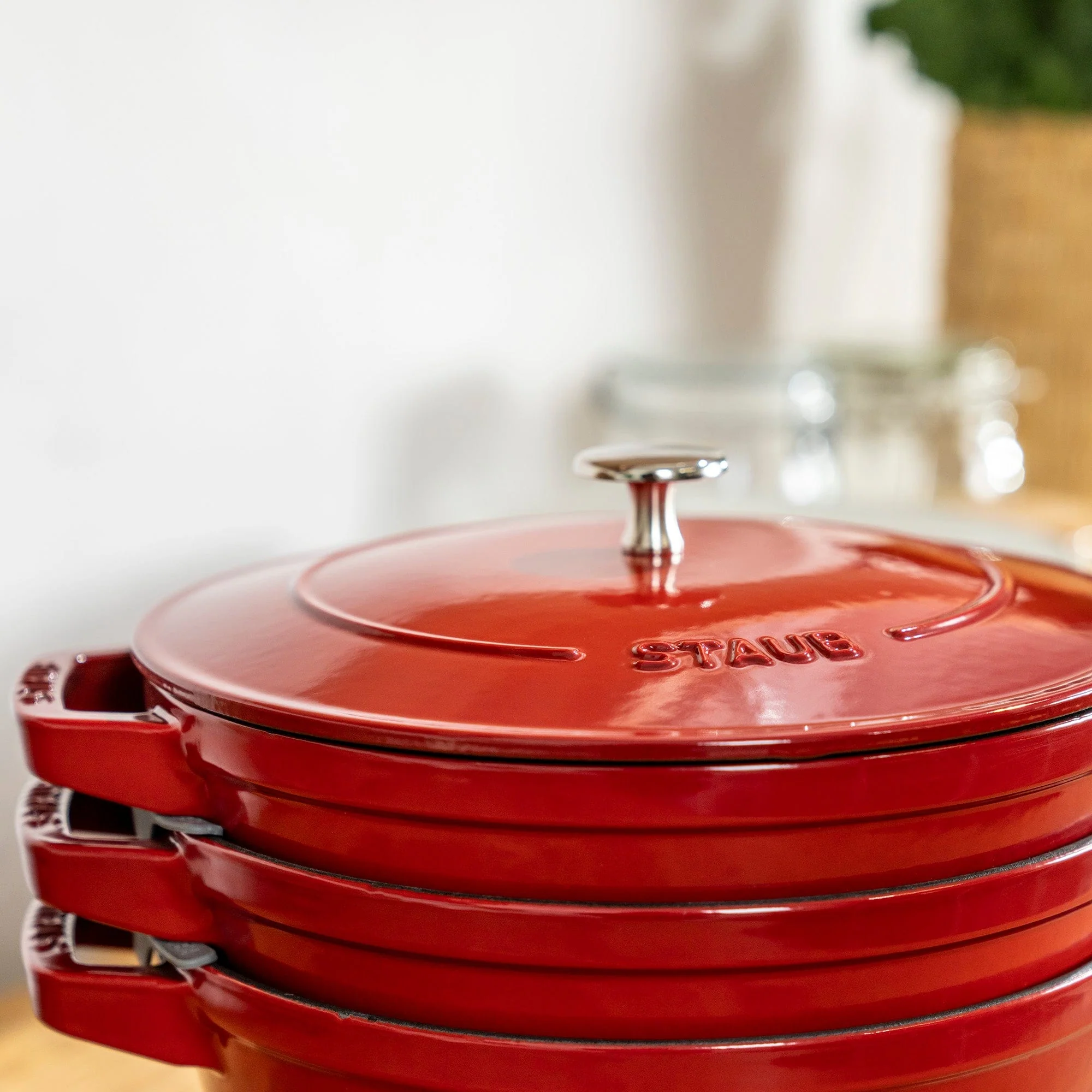 Staub Cast Iron Set 4-pc, Stackable Space-Saving Cookware Set, Dutch Oven with Lid, Cherry - Image 6
