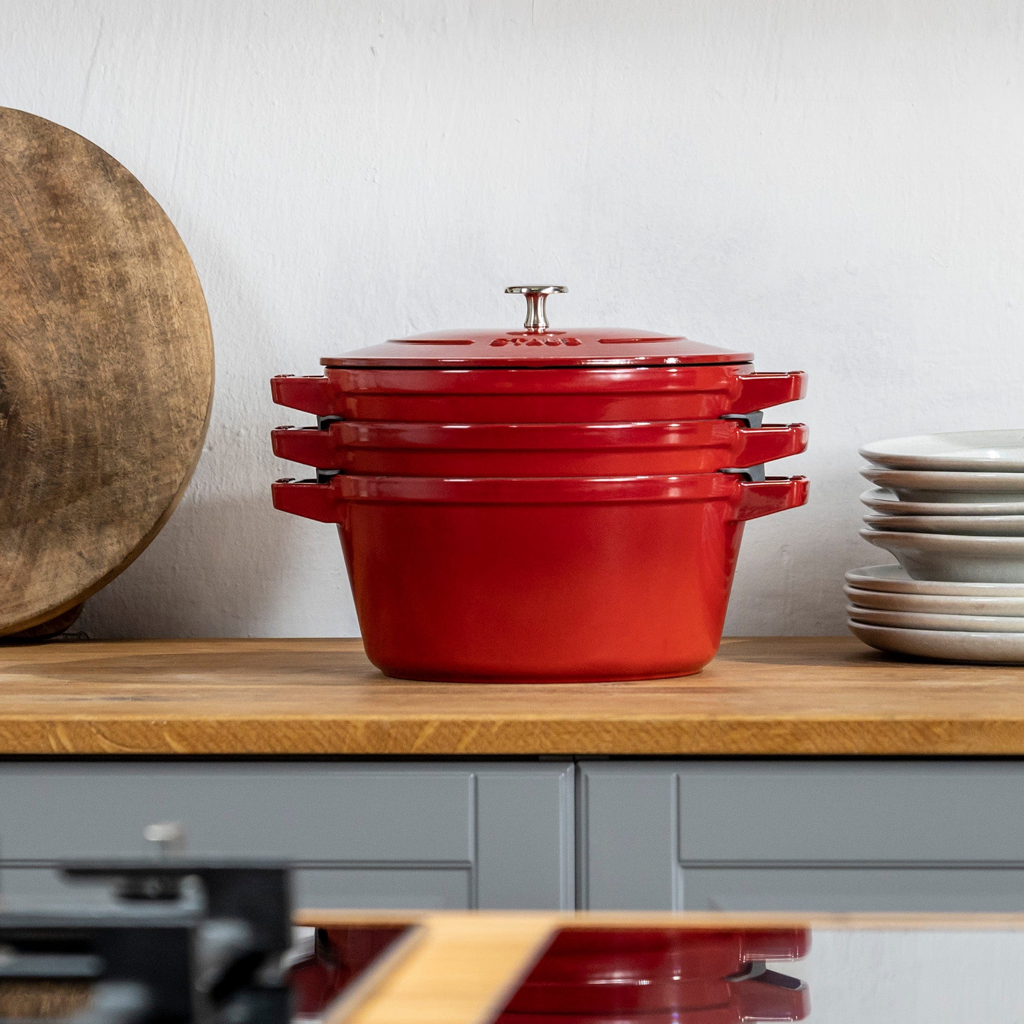 Staub Cast Iron Set 4-pc, Stackable Space-Saving Cookware Set, Dutch Oven with Lid, Cherry - Image 7