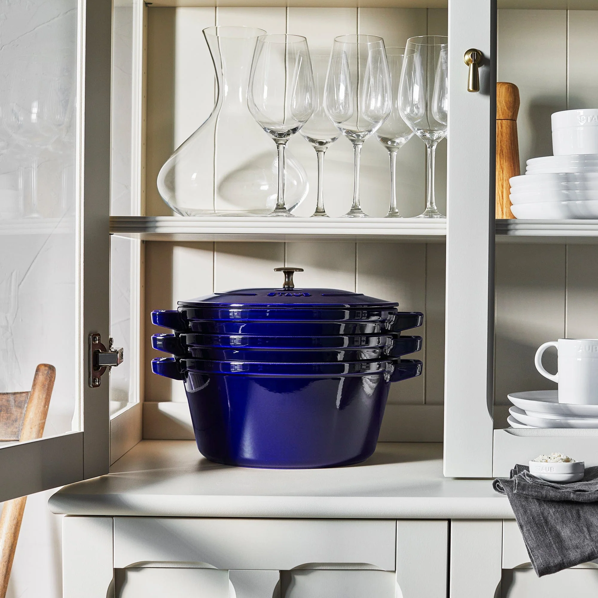 Staub Cast Iron Set 4-pc, Stackable Space-Saving Cookware Set, Dutch Oven with Lid, Dark Blue - Image 2