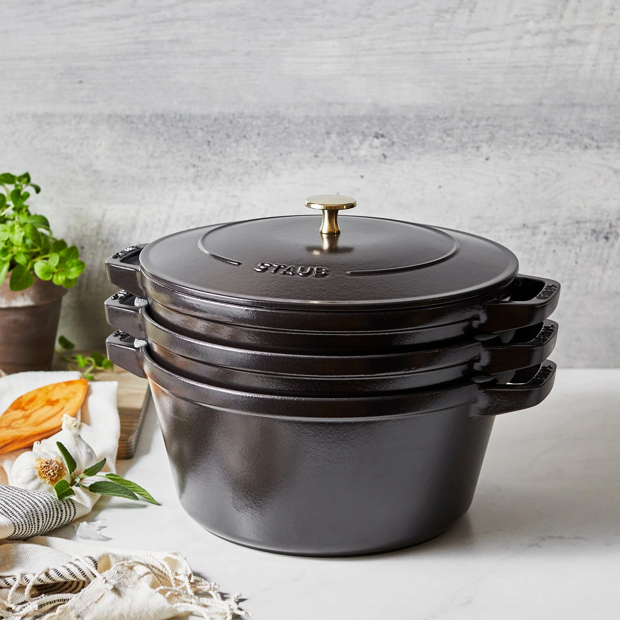 Staub Cast Iron Set 4-pc, Stackable Space-Saving Cookware Set, Dutch Oven with Lid, Matte Black - Image 2
