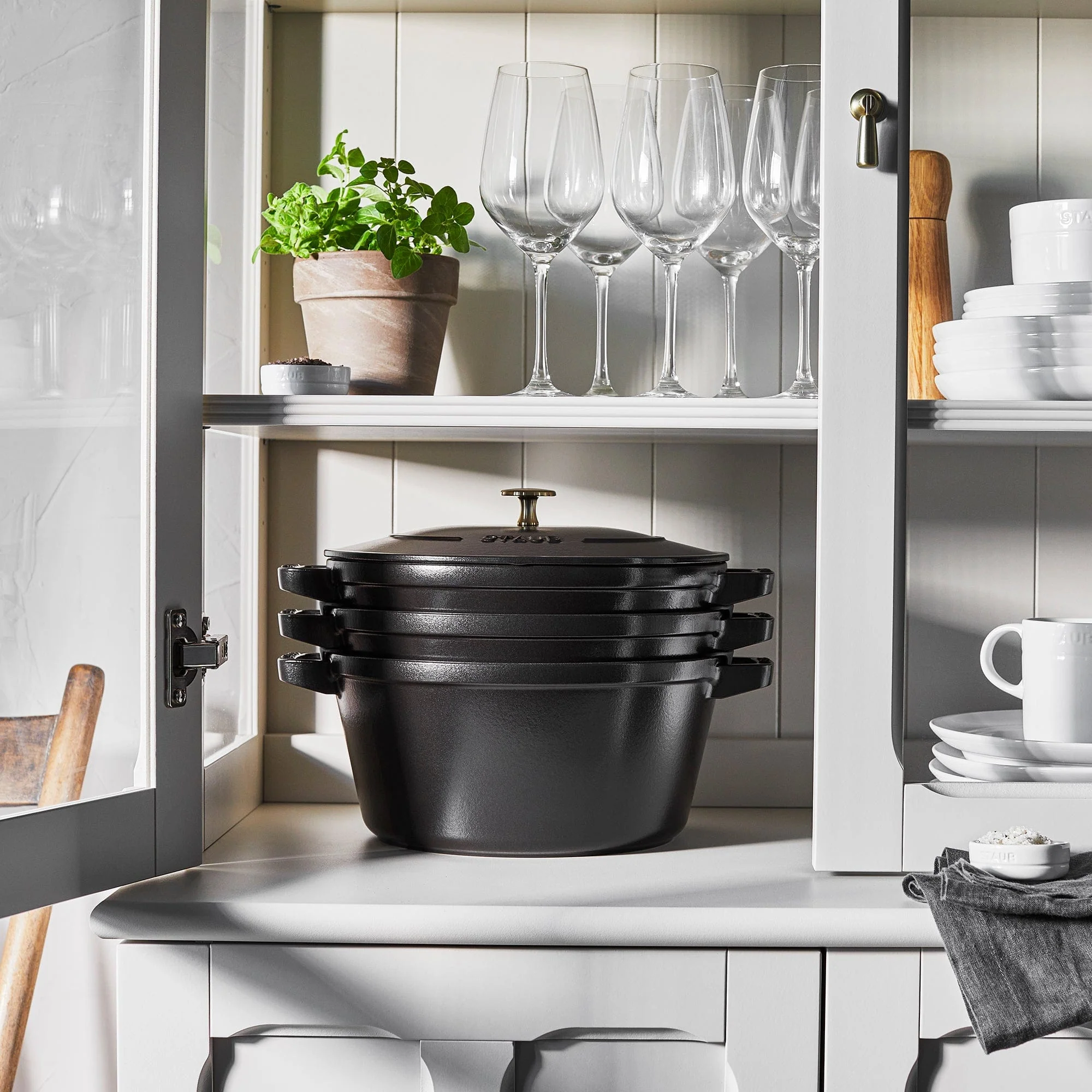 Staub Cast Iron Set 4-pc, Stackable Space-Saving Cookware Set, Dutch Oven with Lid, Matte Black - Image 4
