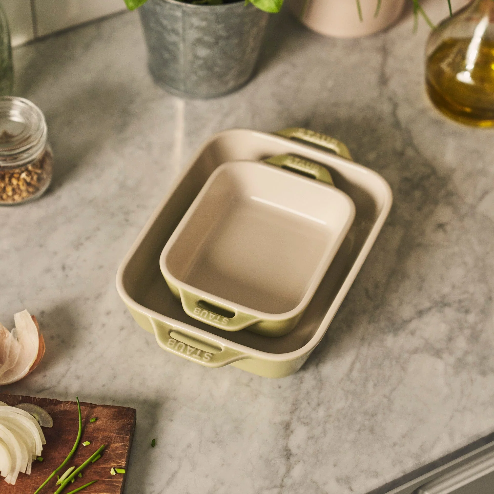 Staub Ceramic 2-pc Rectangular Baking Dish Set - Macaron Pastel Green - Image 2