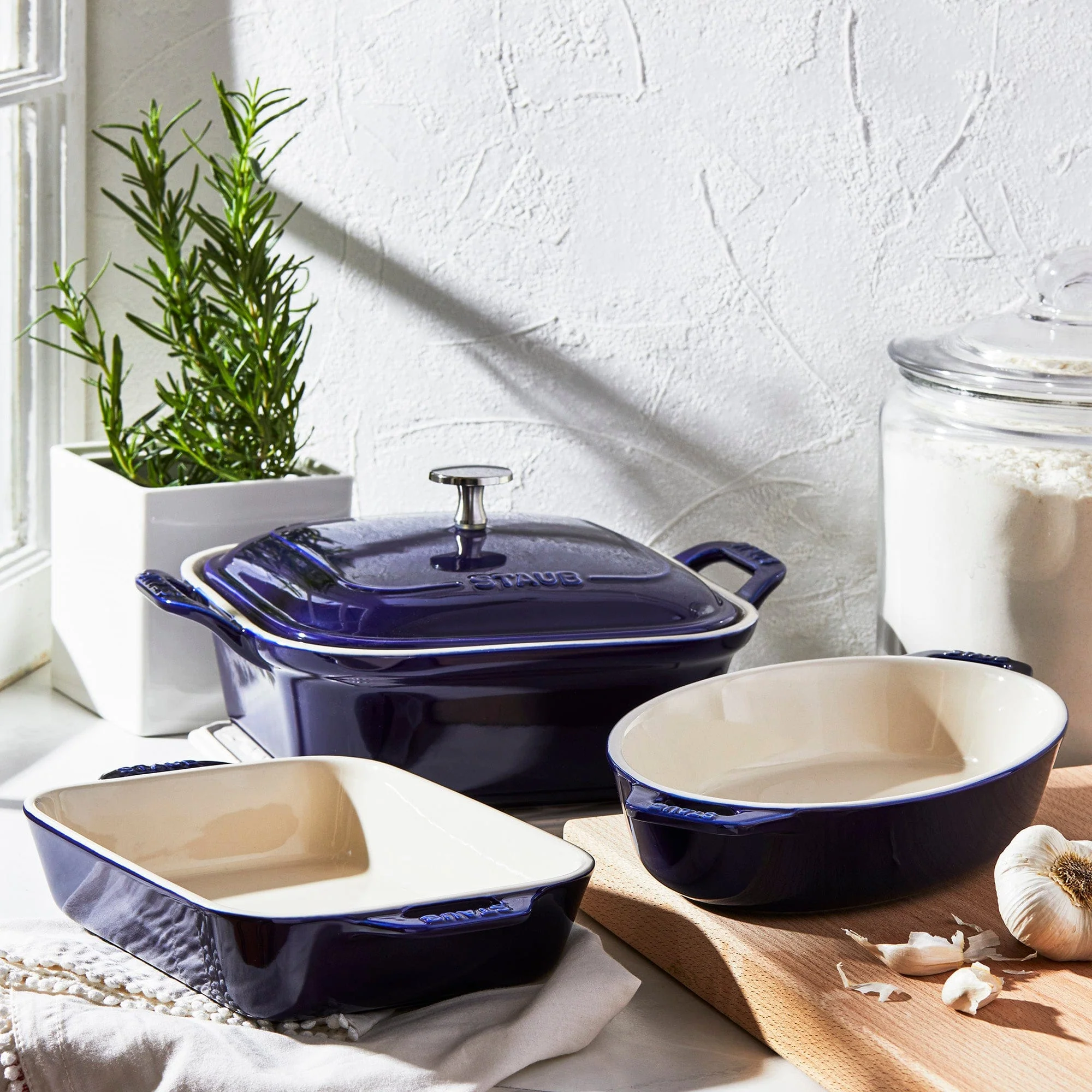 Staub Ceramic 4-pc Baking Pans Set, Casserole Dish with Lid, Brownie Pan, Dark Blue - Image 2