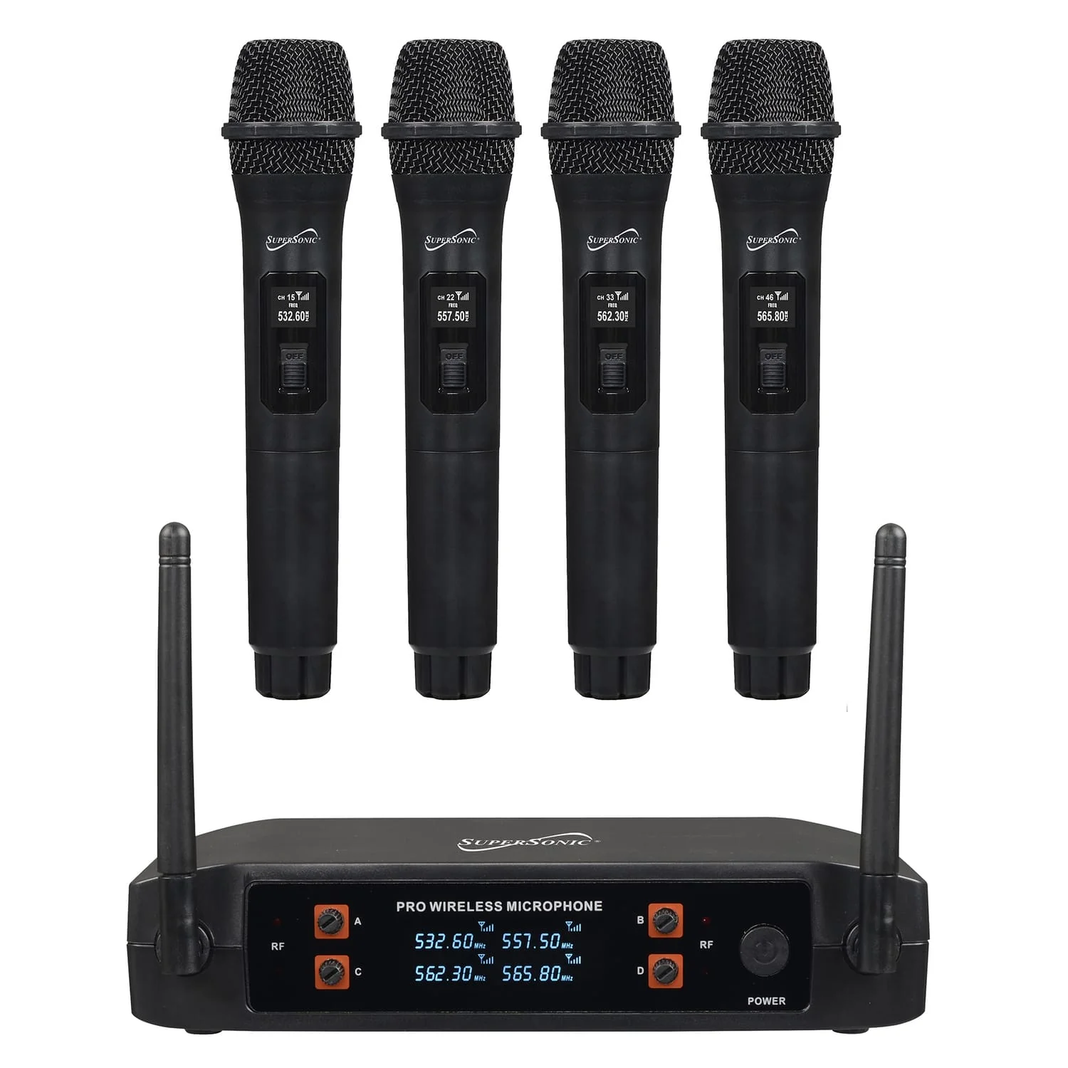 Supersonic 4-Channel 2.4-GHz Wireless Microphone System with 4 Handheld Microphones and Receiver, SC-909