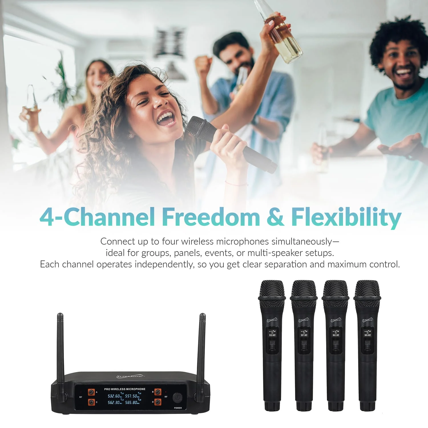 Supersonic 4-Channel 2.4-GHz Wireless Microphone System with 4 Handheld Microphones and Receiver, SC-909 - Image 2