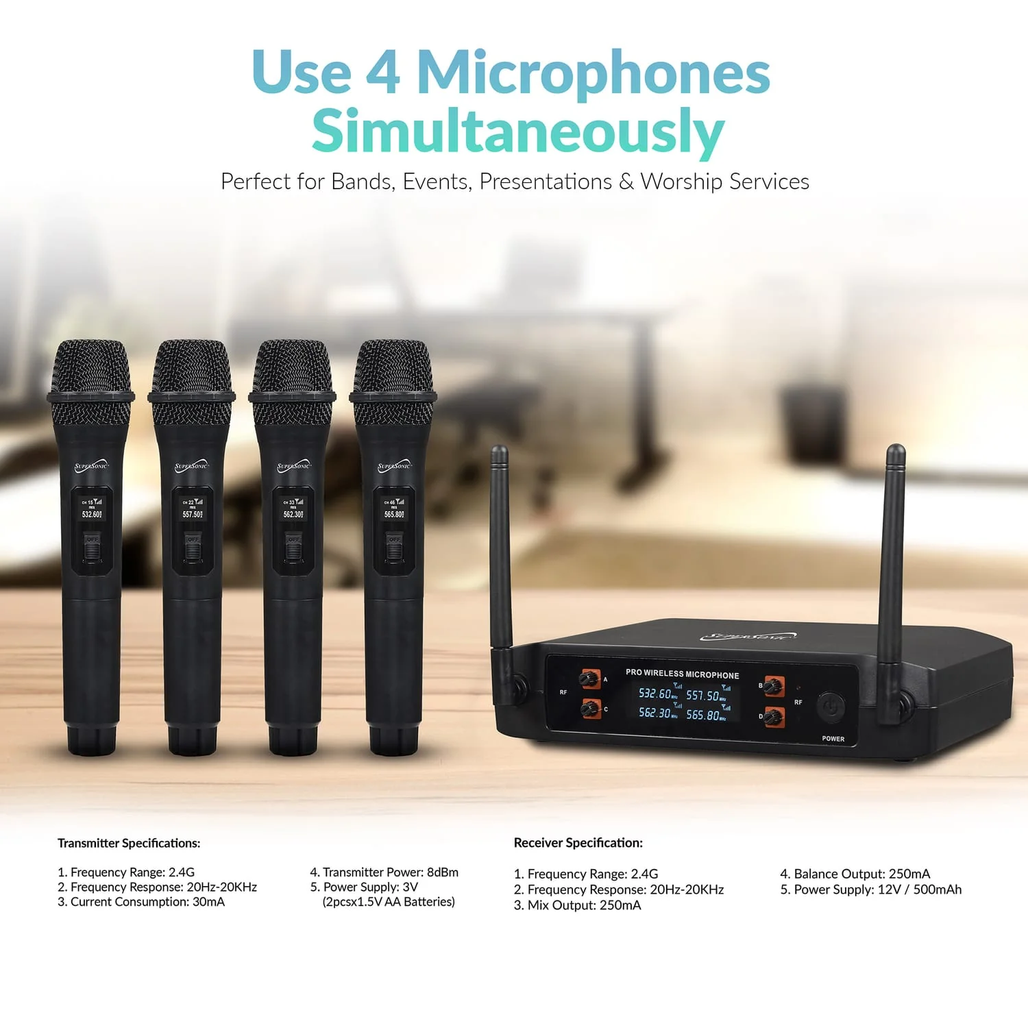 Supersonic 4-Channel 2.4-GHz Wireless Microphone System with 4 Handheld Microphones and Receiver, SC-909 - Image 4