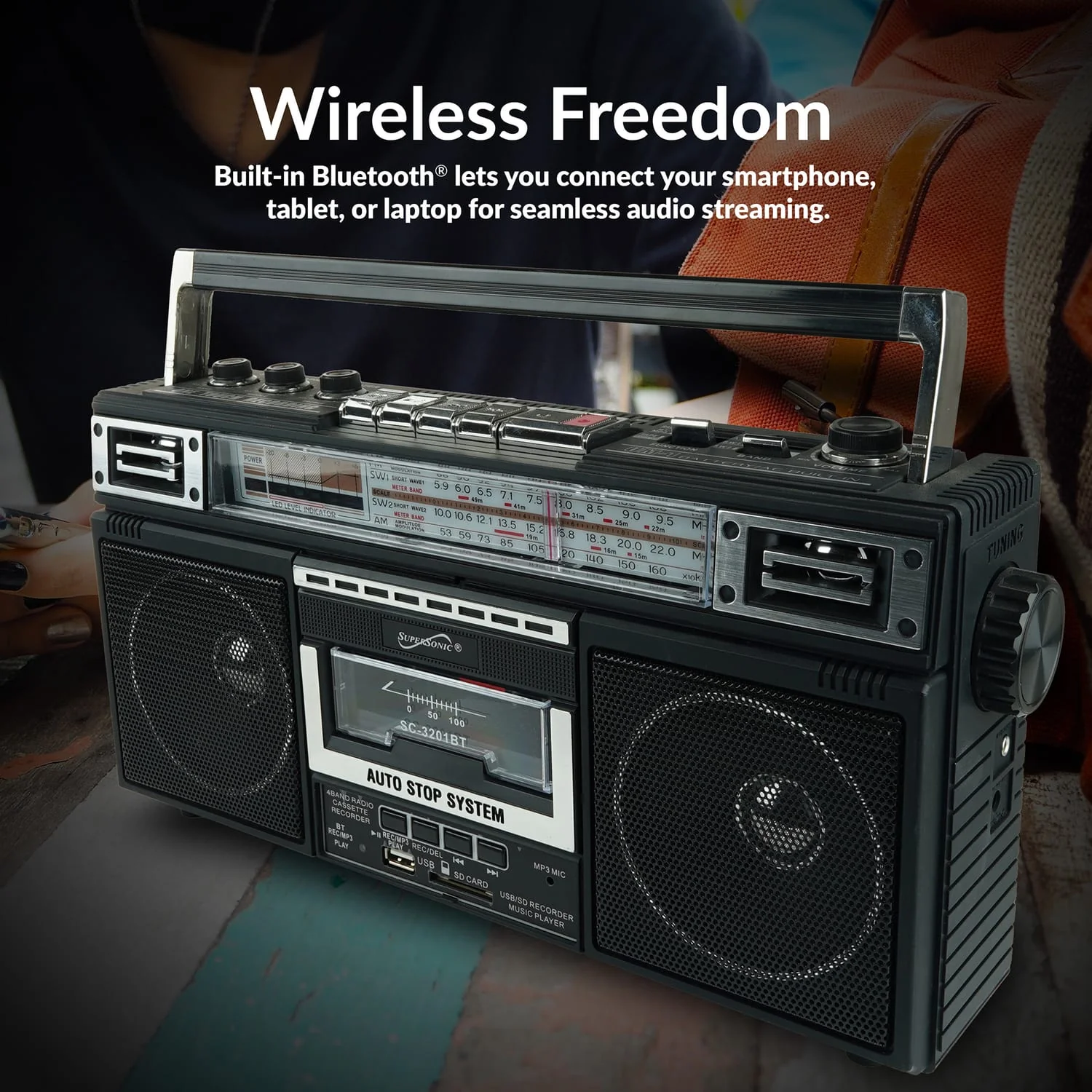 Supersonic Retro Bluetooth Cassette/AM/FM/Shortwave Boom Box, SC-3201BT, Black - Image 3