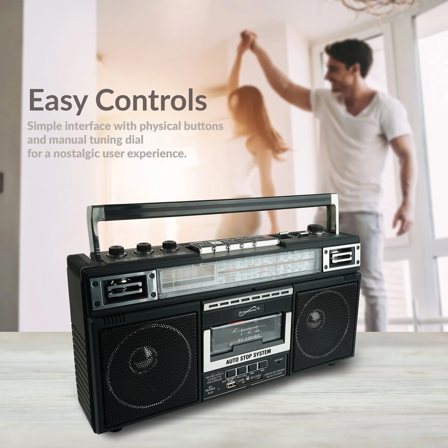 Supersonic Retro Bluetooth Cassette/AM/FM/Shortwave Boom Box, SC-3201BT, Black - Image 4