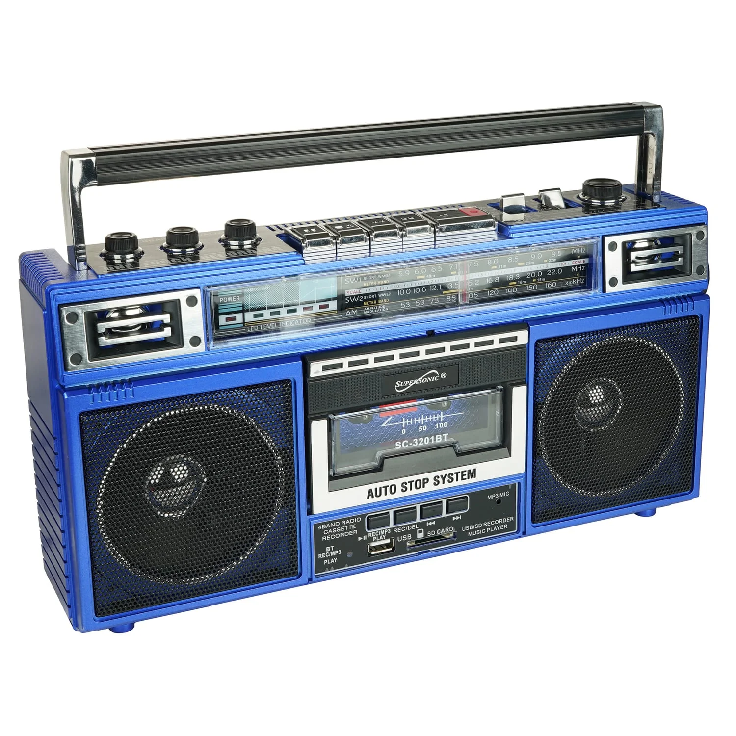 Supersonic Retro Bluetooth Cassette/AM/FM/Shortwave Boom Box, SC-3201BT, Blue