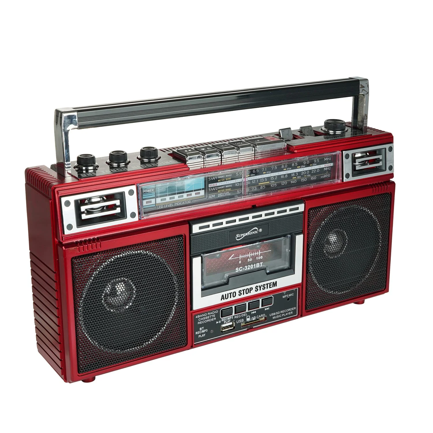 Supersonic Retro Bluetooth Cassette/AM/FM/Shortwave Boom Box, SC-3201BT, Red