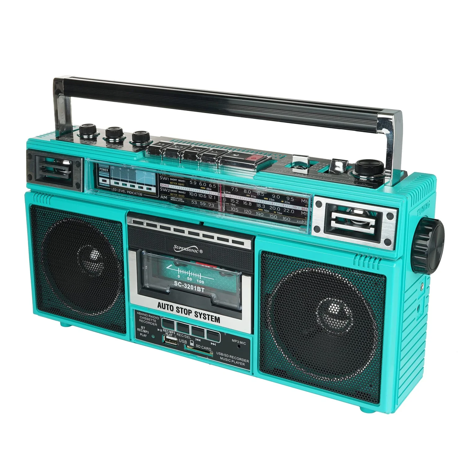 Supersonic Retro Bluetooth Cassette/AM/FM/Shortwave Boom Box, SC-3201BT, Teal - Image 3