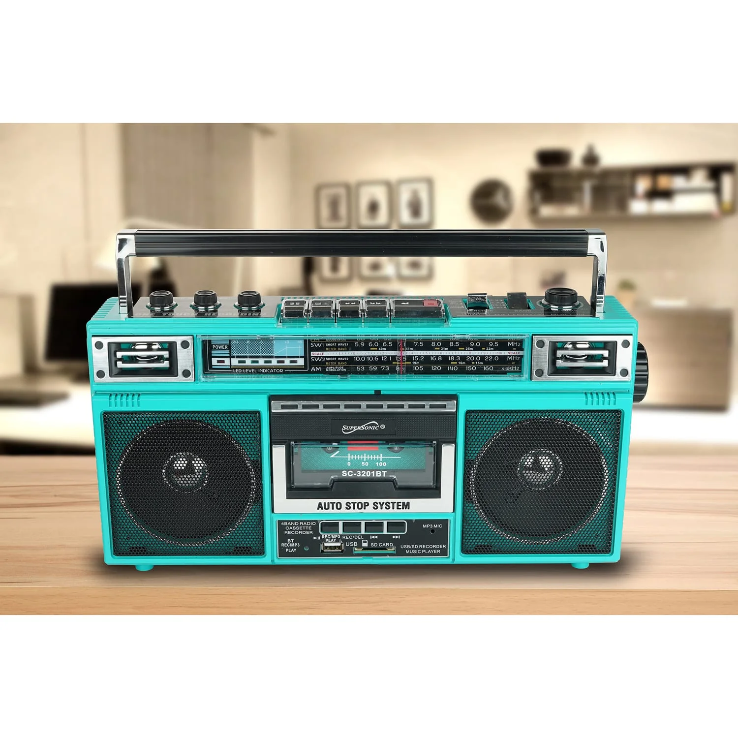 Supersonic Retro Bluetooth Cassette/AM/FM/Shortwave Boom Box, SC-3201BT, Teal - Image 4