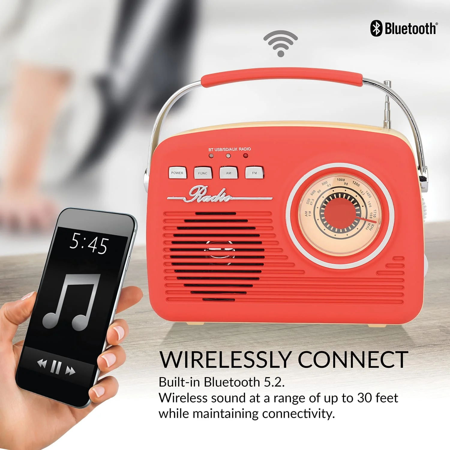 Supersonic Retro Portable AM/FM Radio with Bluetooth, SC-1201, Red - Image 4