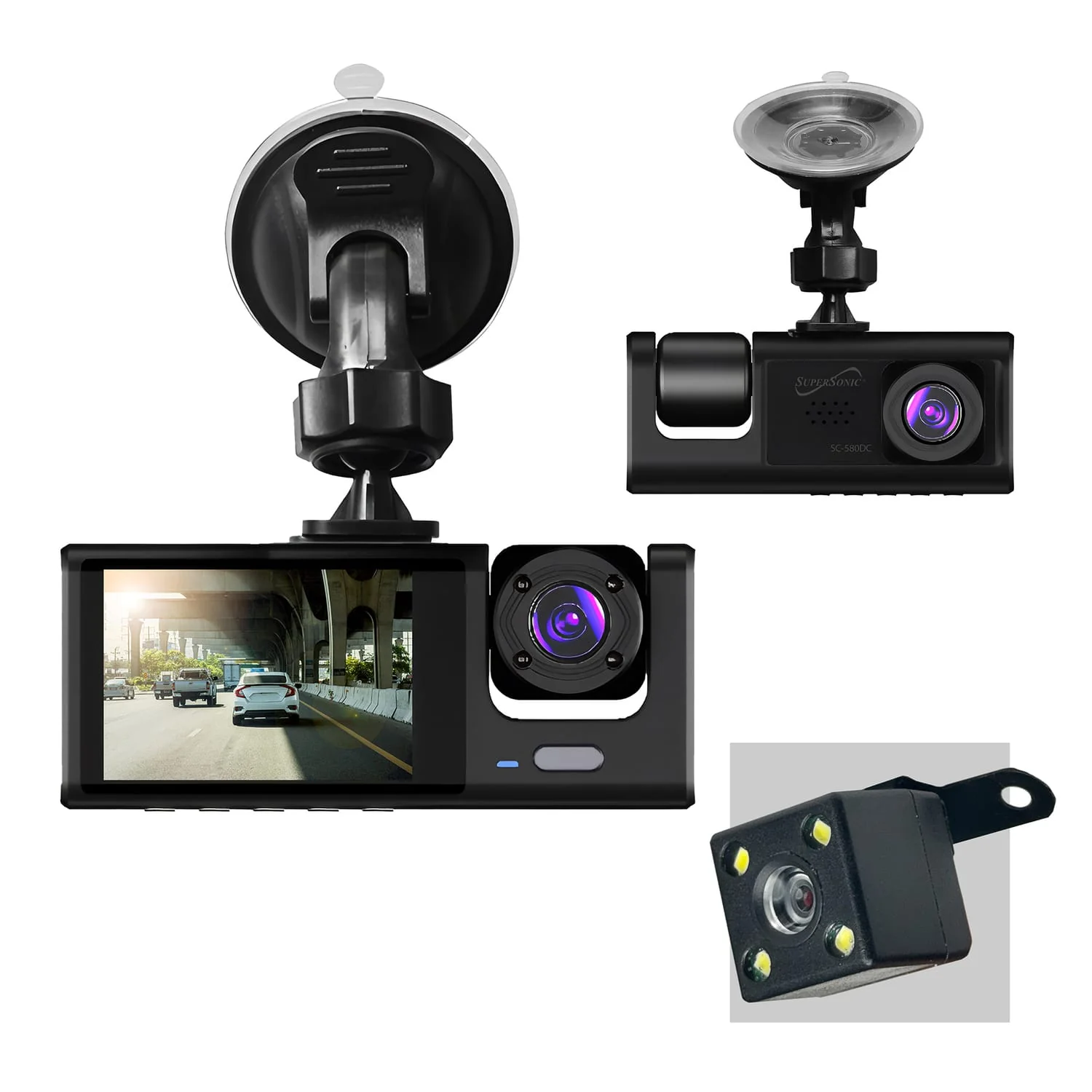 Supersonic RoadEYE Pro 1080p HD Dash Cams for Front, Cabin, and Rear Recording, SC-580DC