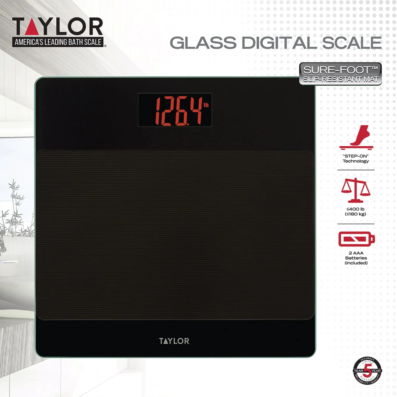 Taylor Precision Products Digital Glass Nonslip-Platform Bathroom Scale, 400-Lb. Capacity - Image 2