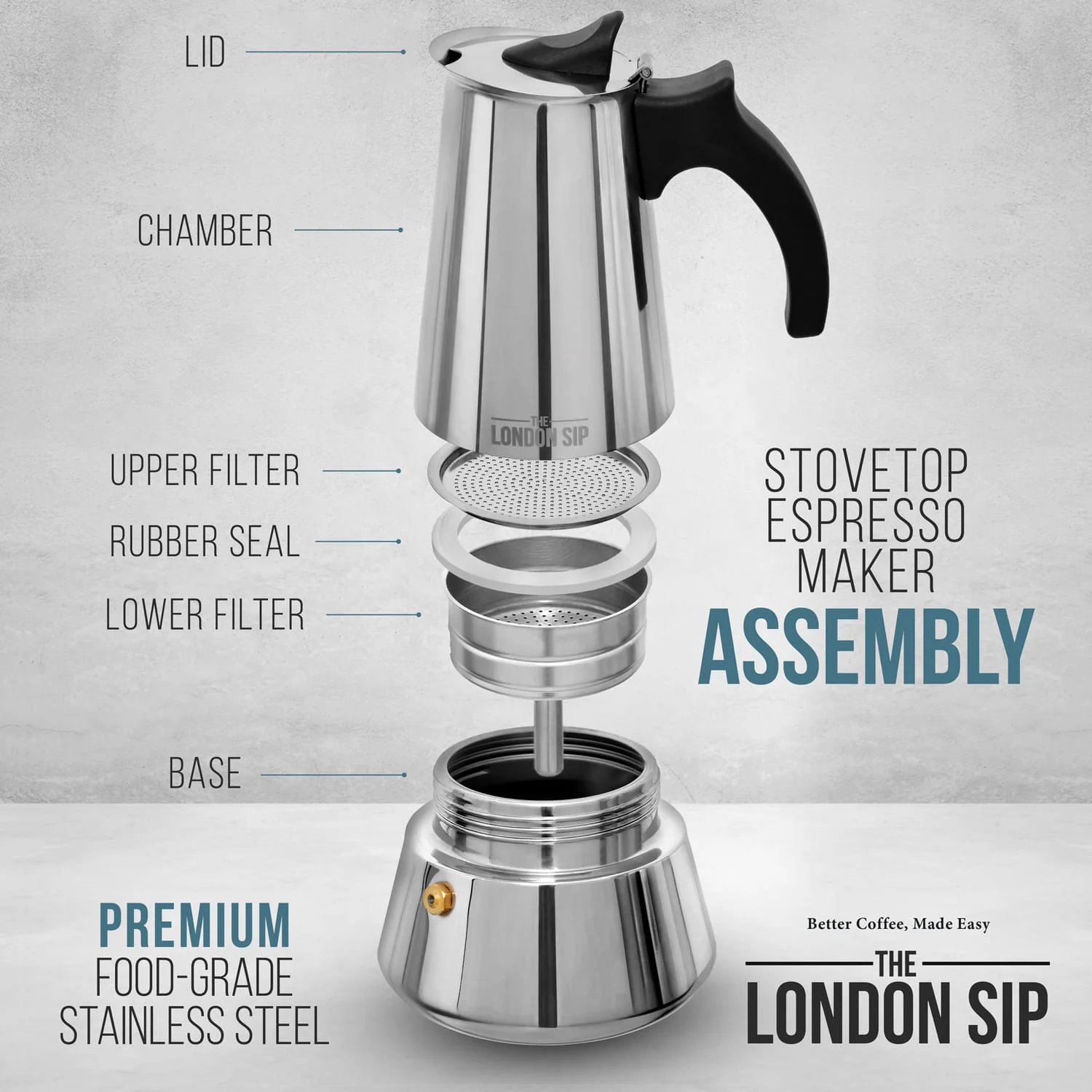 The London Sip 10-Cup Stainless Steel Stovetop Espresso Maker, Matte Black - Image 5