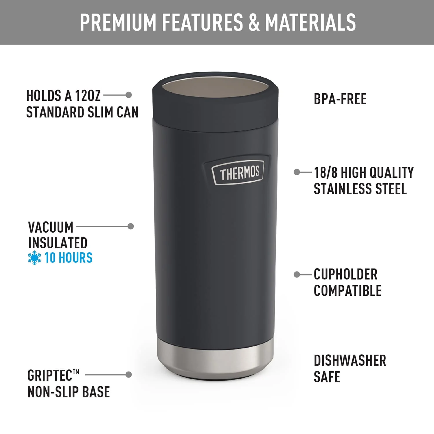 Thermos Icon Series Stainless Steel 12-Oz.-Slim-Can Beverage Insulator, Granite - Image 3