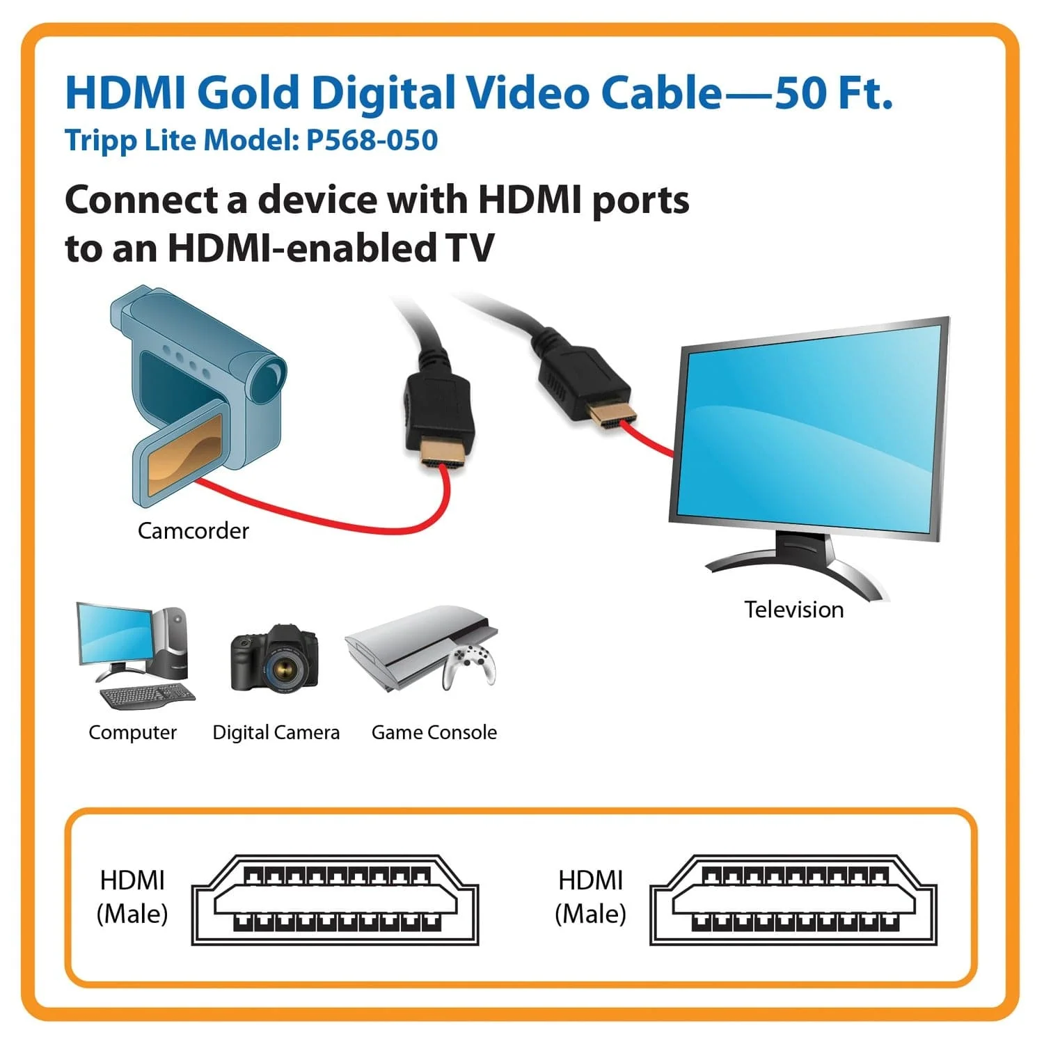 Tripp Lite by Eaton 1080p HDMI Male/Male Standard-Speed HDMI Gold Cable, Black, 50 Ft. - Image 2