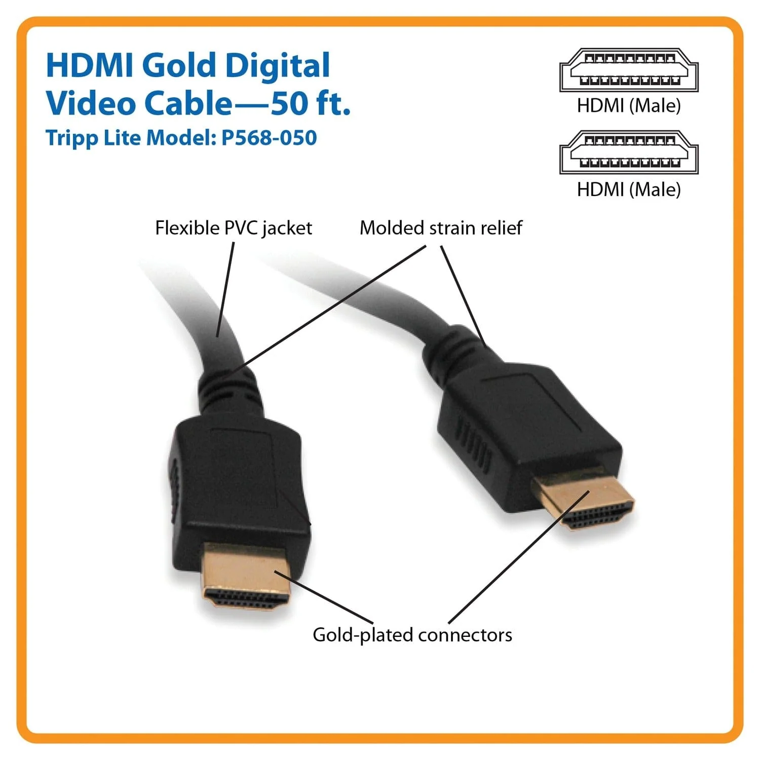 Tripp Lite by Eaton 1080p HDMI Male/Male Standard-Speed HDMI Gold Cable, Black, 50 Ft. - Image 3