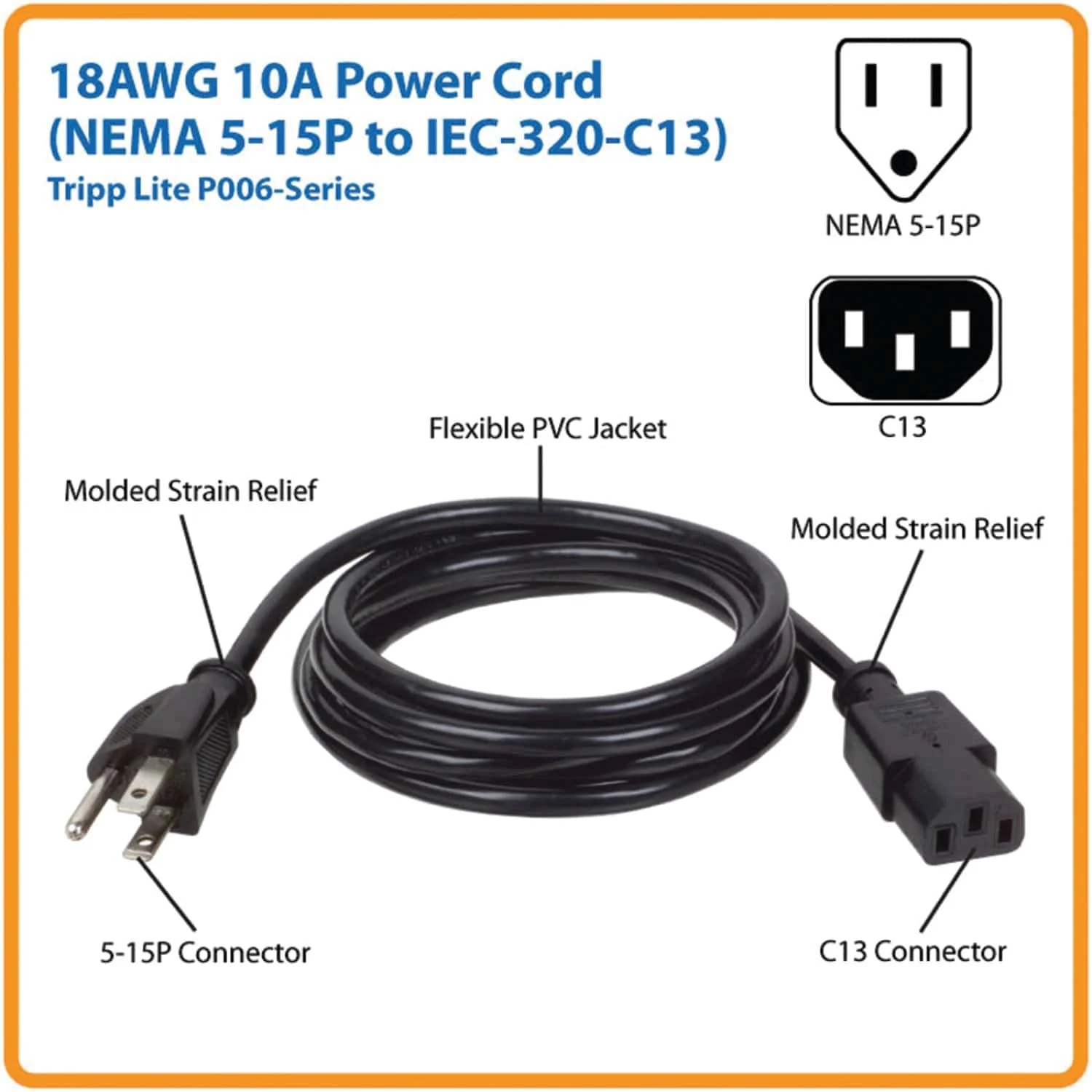 Tripp Lite by Eaton 18-AWG 10-Amp Universal Computer Power Cord, 6 Ft. - Image 2