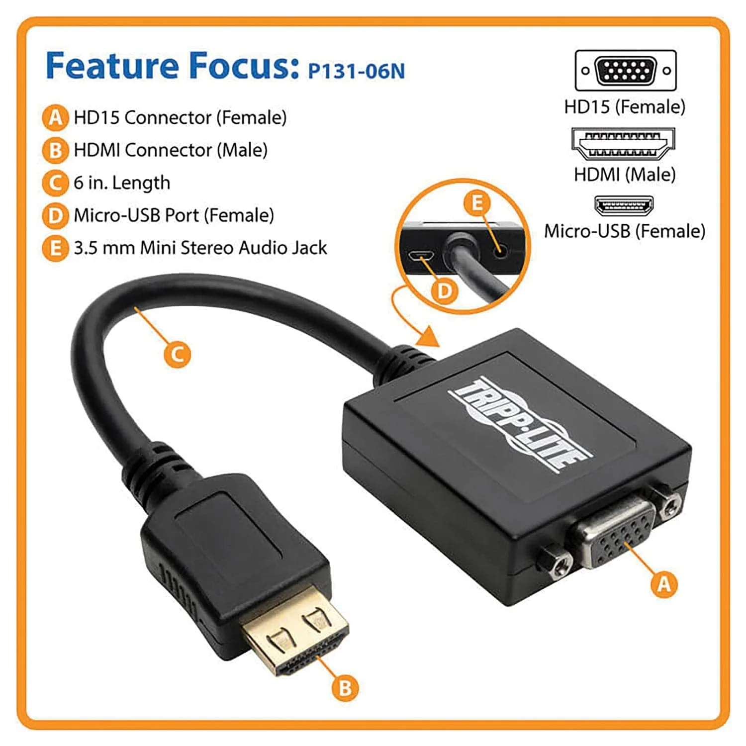 Tripp Lite by Eaton 1900 x 1200 HDMI Male to VGA Female Converter Cable Adapter with 3.5-mm Stereo Audio Jack, 6 In., Black, P131-06N - Image 2