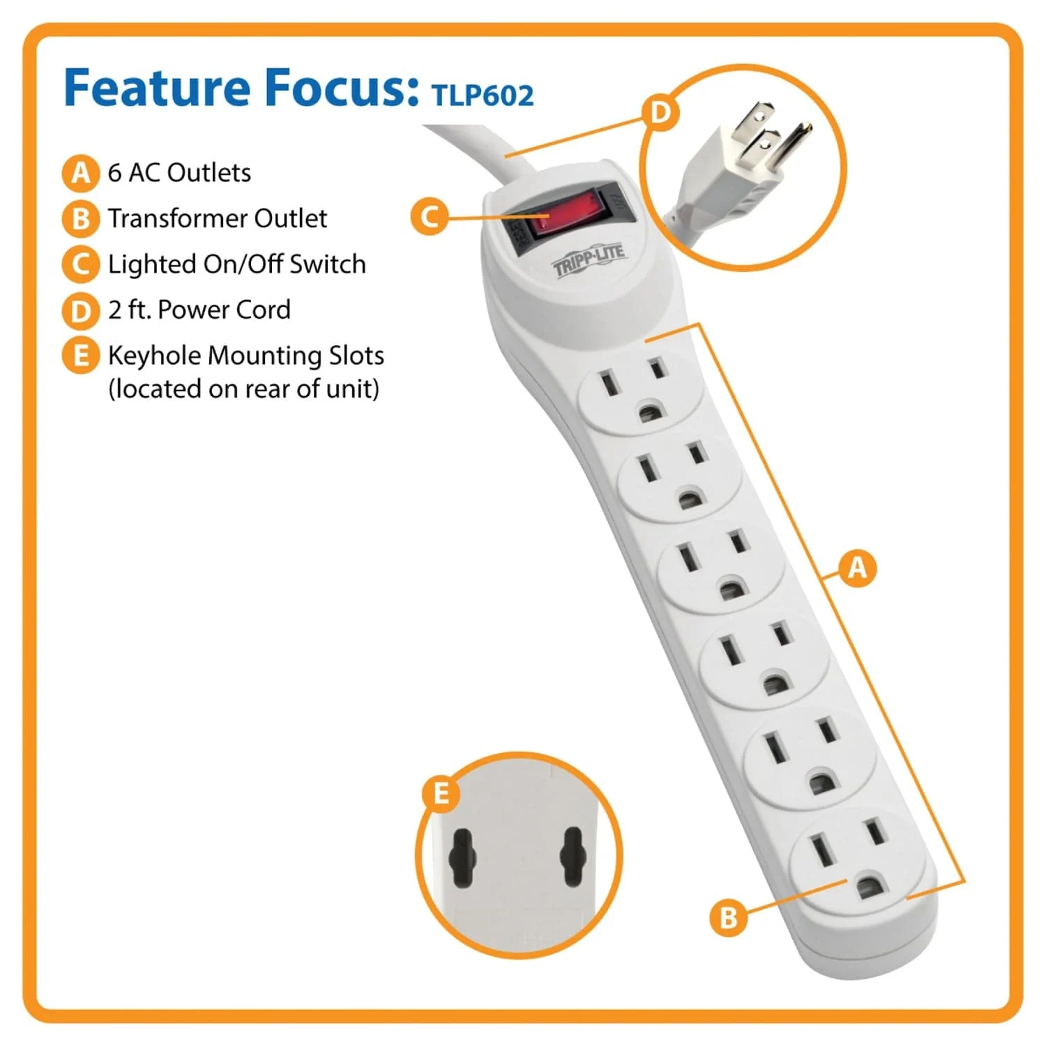 Tripp Lite by Eaton 6-AC Outlet 180-Joules Protect It! Home Computer Surge Protector Power Strip, 2-Ft. Cord with Straight Plug, TLP602 - Image 2