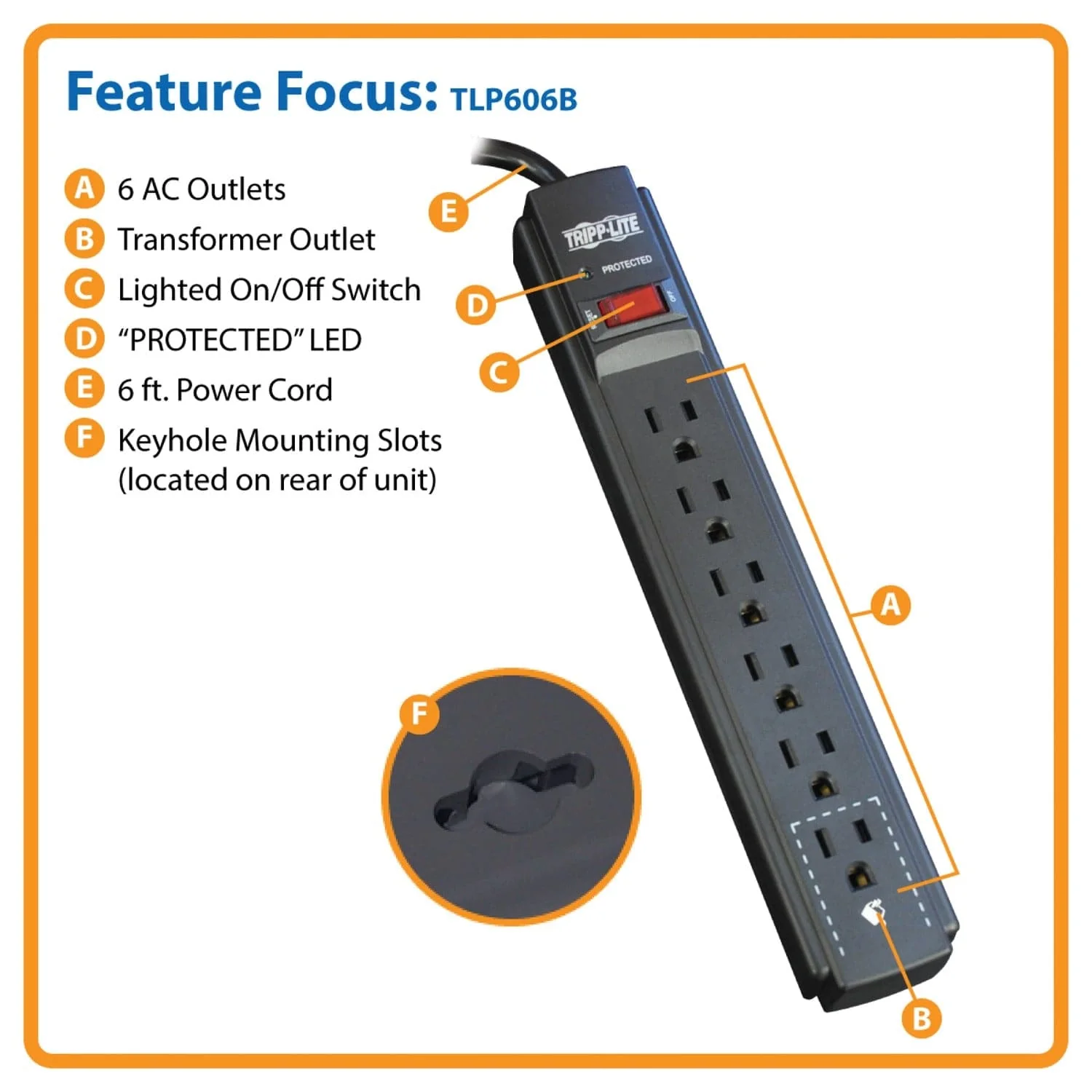 Tripp Lite by Eaton 6-AC Outlet 790-Joules Protect It! Surge Protector Power Strip, 6-Ft. Cord with Straight Plug, TLP606B - Image 2