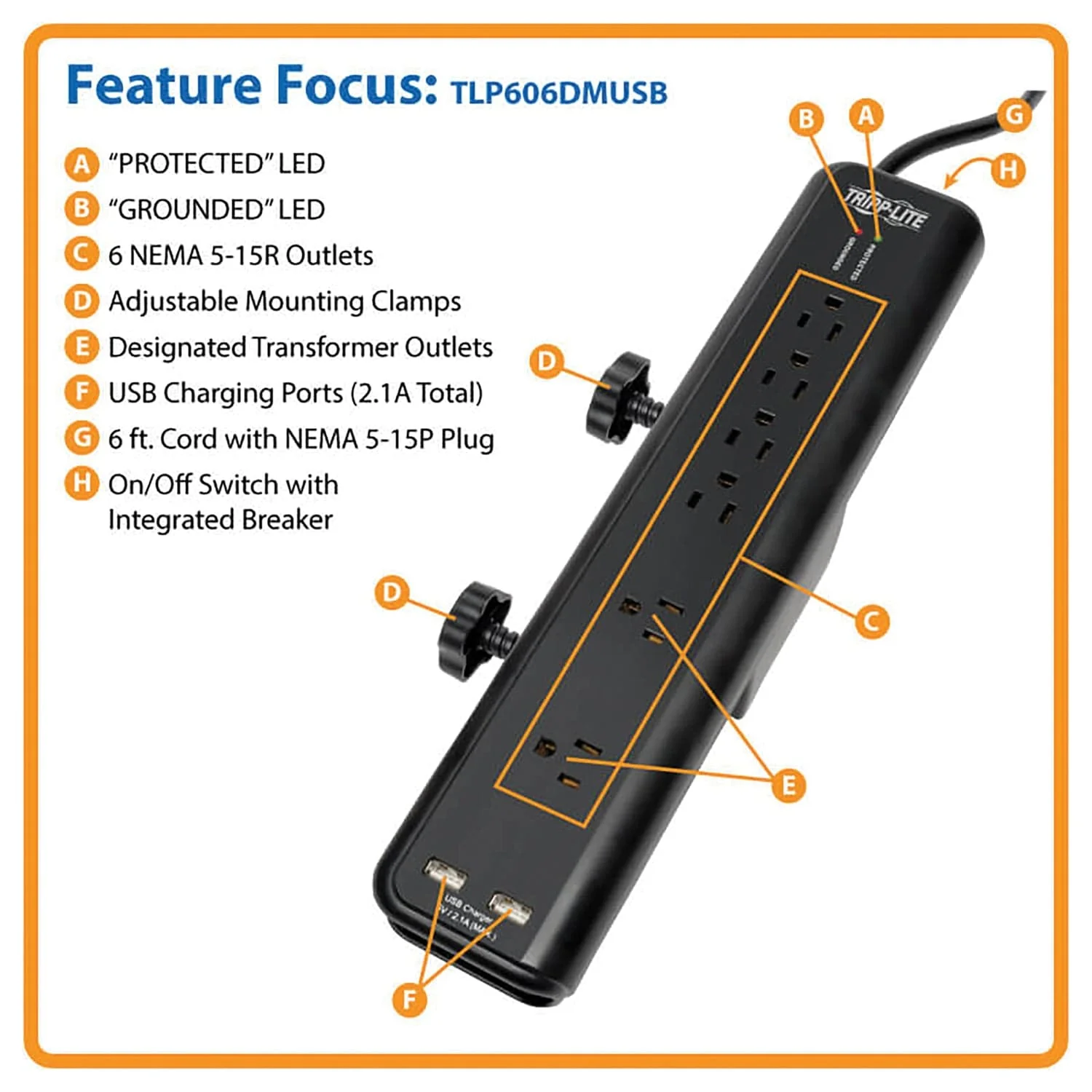 Tripp Lite by Eaton 6-AC Outlet and 2-USB Port 2100-Joules Protect It! Surge Protector Power Strip with Clamps, 6-Ft. Cord, TLP606DMUSB - Image 5