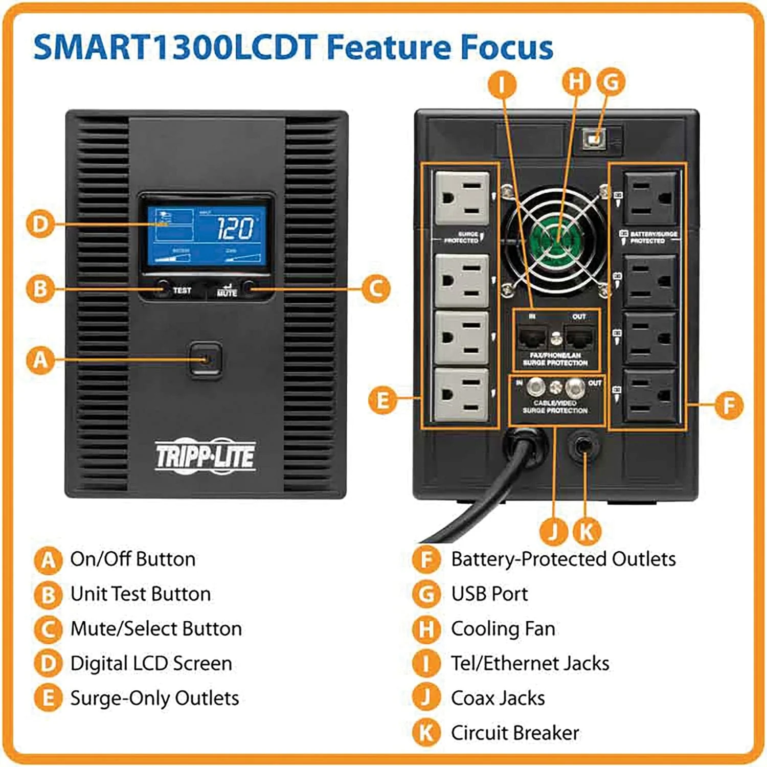 Tripp Lite by Eaton 8-AC Outlet and Telco/LAN/Coax 1300-VA/720-Watt Line-Interactive SmartPro UPS Tower with 650 Joules, AVR, and 6-Ft. Cord - Image 2