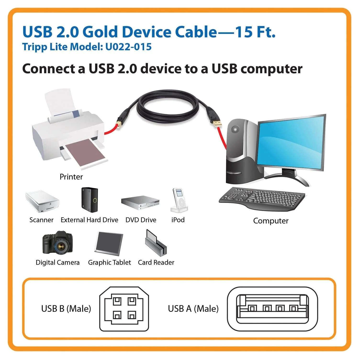 Tripp Lite by Eaton USB 2.0 Peripheral Cable, A Male/B-Male Gold-Plated Connectors, Black, 15 Ft. - Image 2