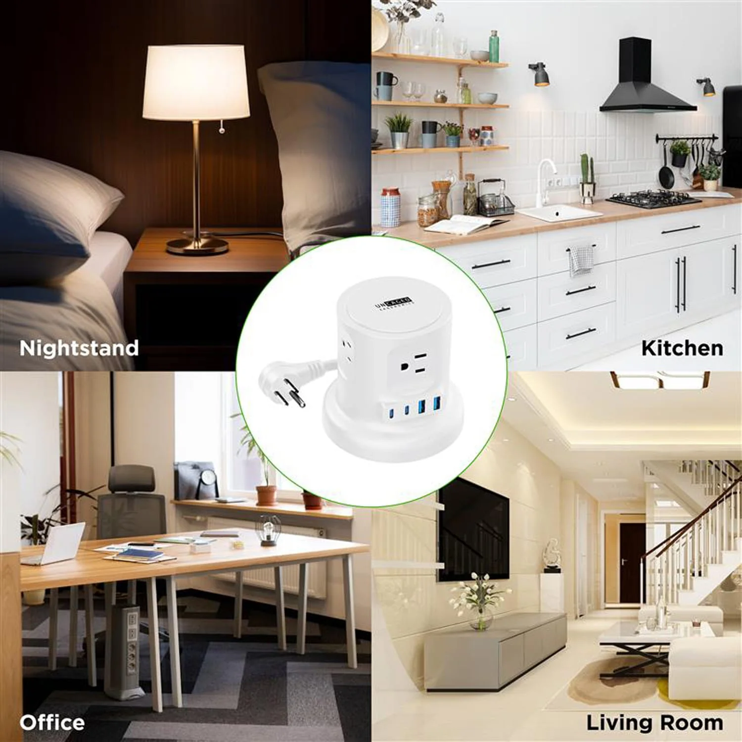 Uncaged Ergonomics 4-AC Outlet and 4-USB Port 320-Joules Retractable Cube Surge Protector Power Cube, 6-Ft. Retractable Cord with Angled Plug, White - Image 2