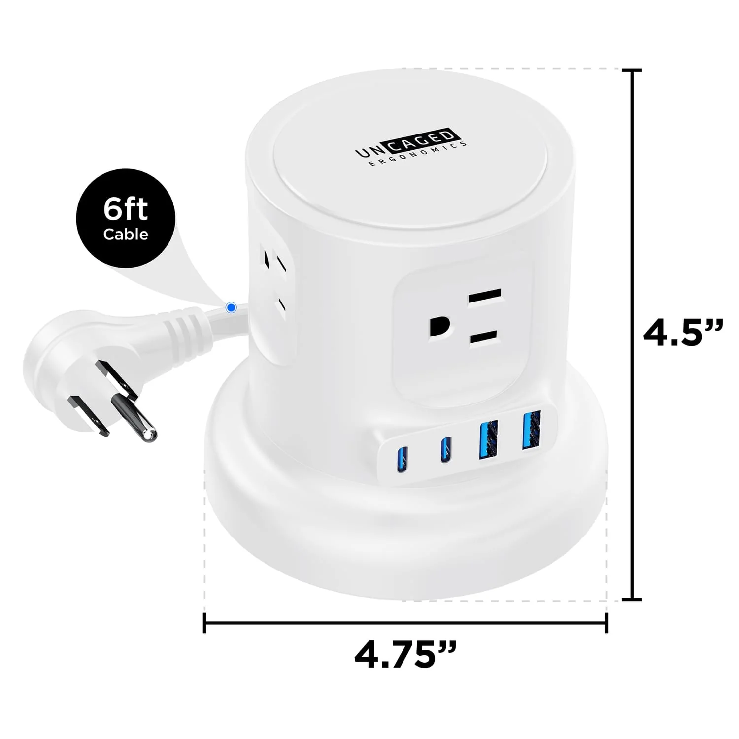 Uncaged Ergonomics 4-AC Outlet and 4-USB Port 320-Joules Retractable Cube Surge Protector Power Cube, 6-Ft. Retractable Cord with Angled Plug, White - Image 4