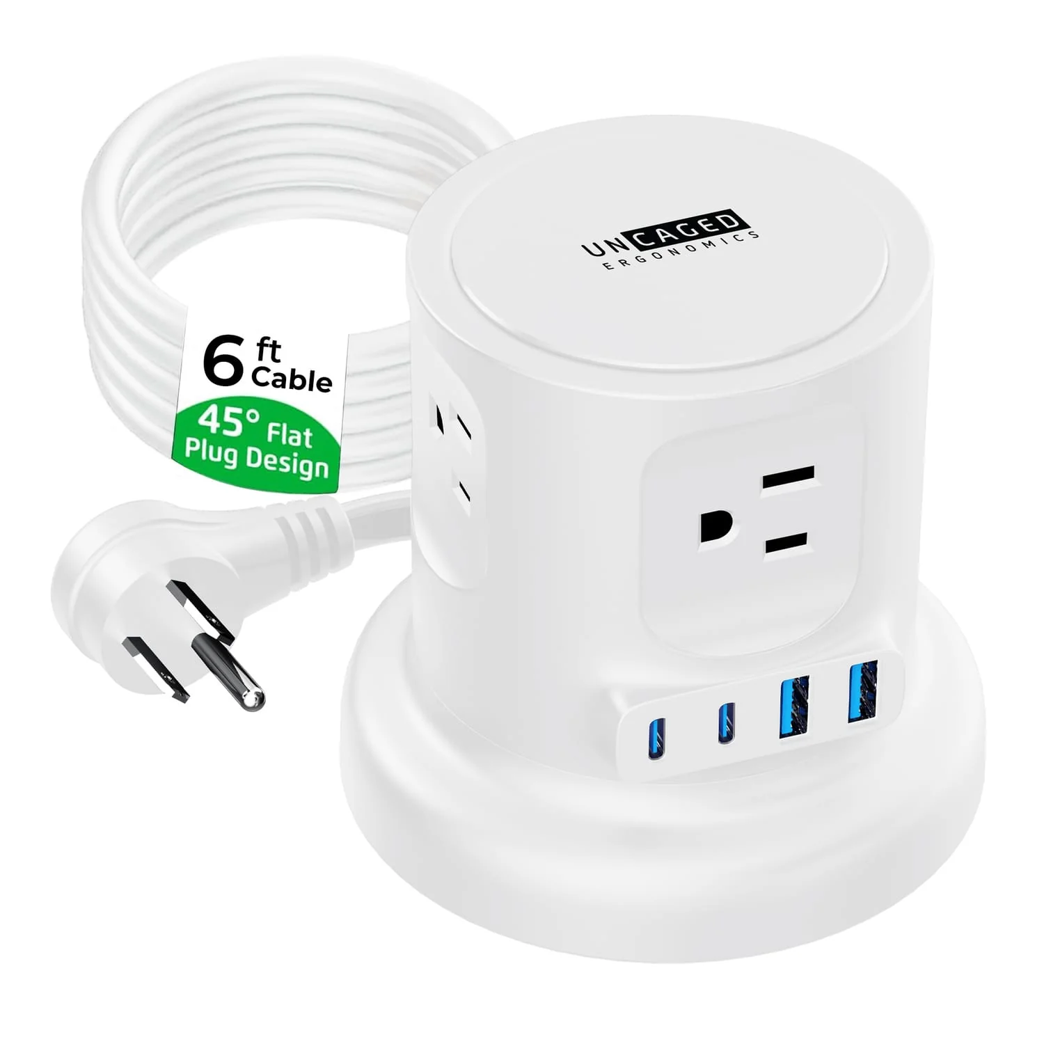 Uncaged Ergonomics 4-AC Outlet and 4-USB Port 320-Joules Retractable Cube Surge Protector Power Cube, 6-Ft. Retractable Cord with Angled Plug, White - Image 5