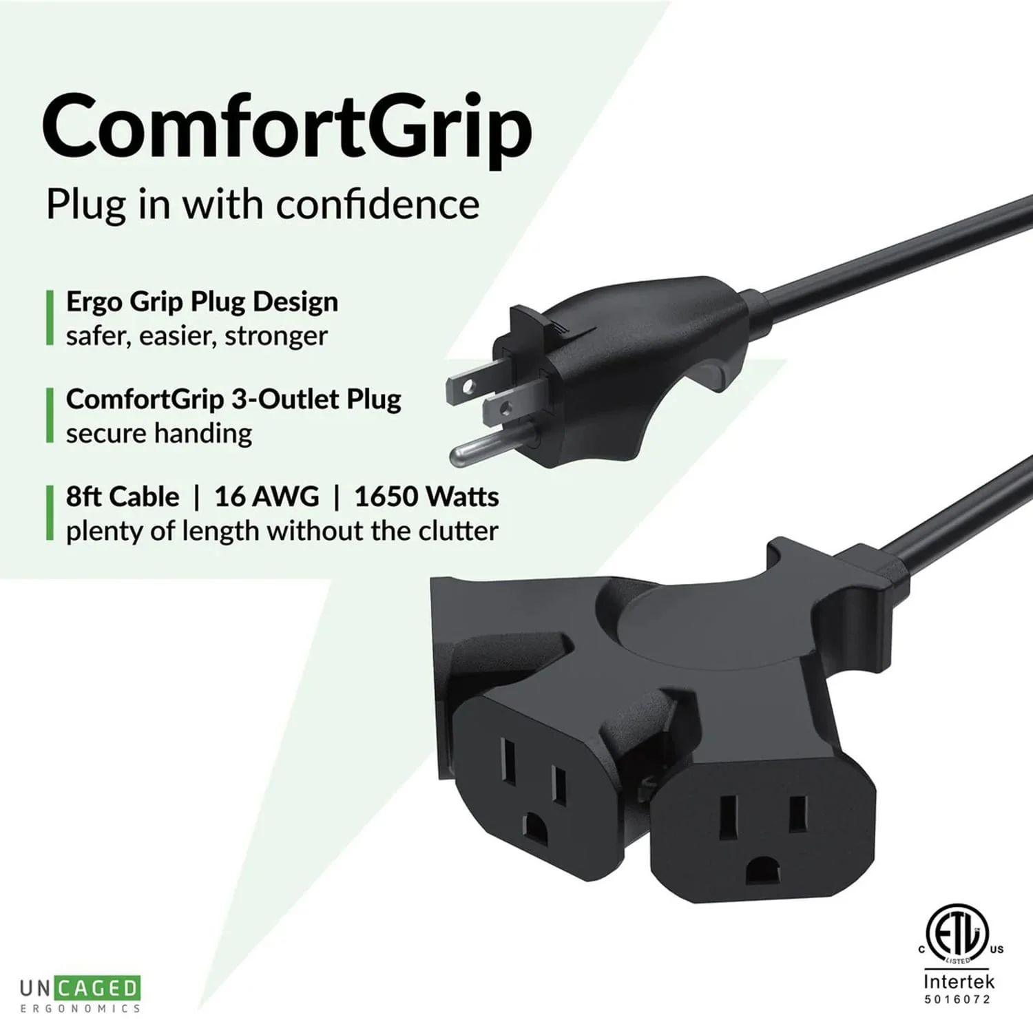 Uncaged Ergonomics Comfort Grip 3-Outlet Grounded Indoor/Outdoor Extension Cord, 8 Ft., Black - Image 3