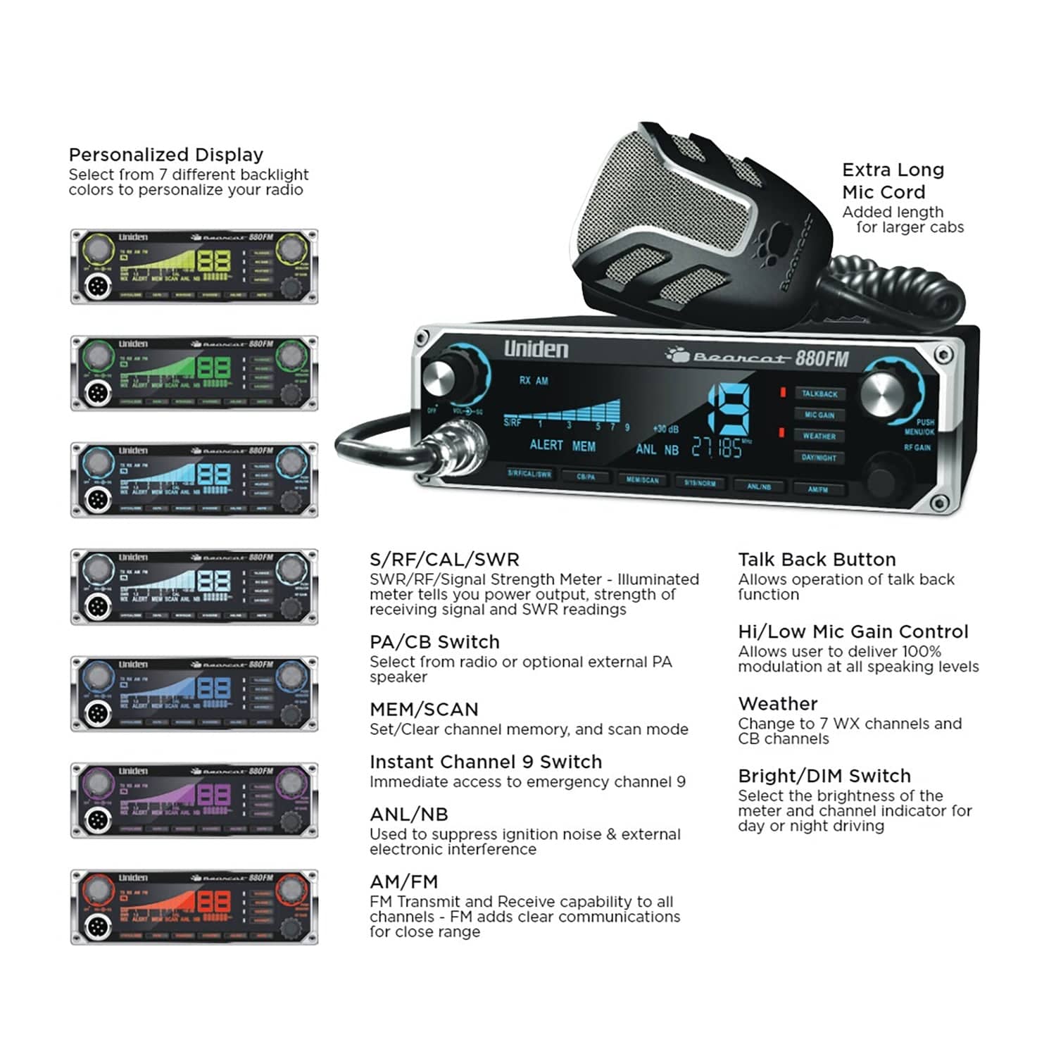Uniden Bearcat 880FM 40-Channel CB Radio, AM/FM Transmit and Receive with 7-Color LCD Display - Image 3