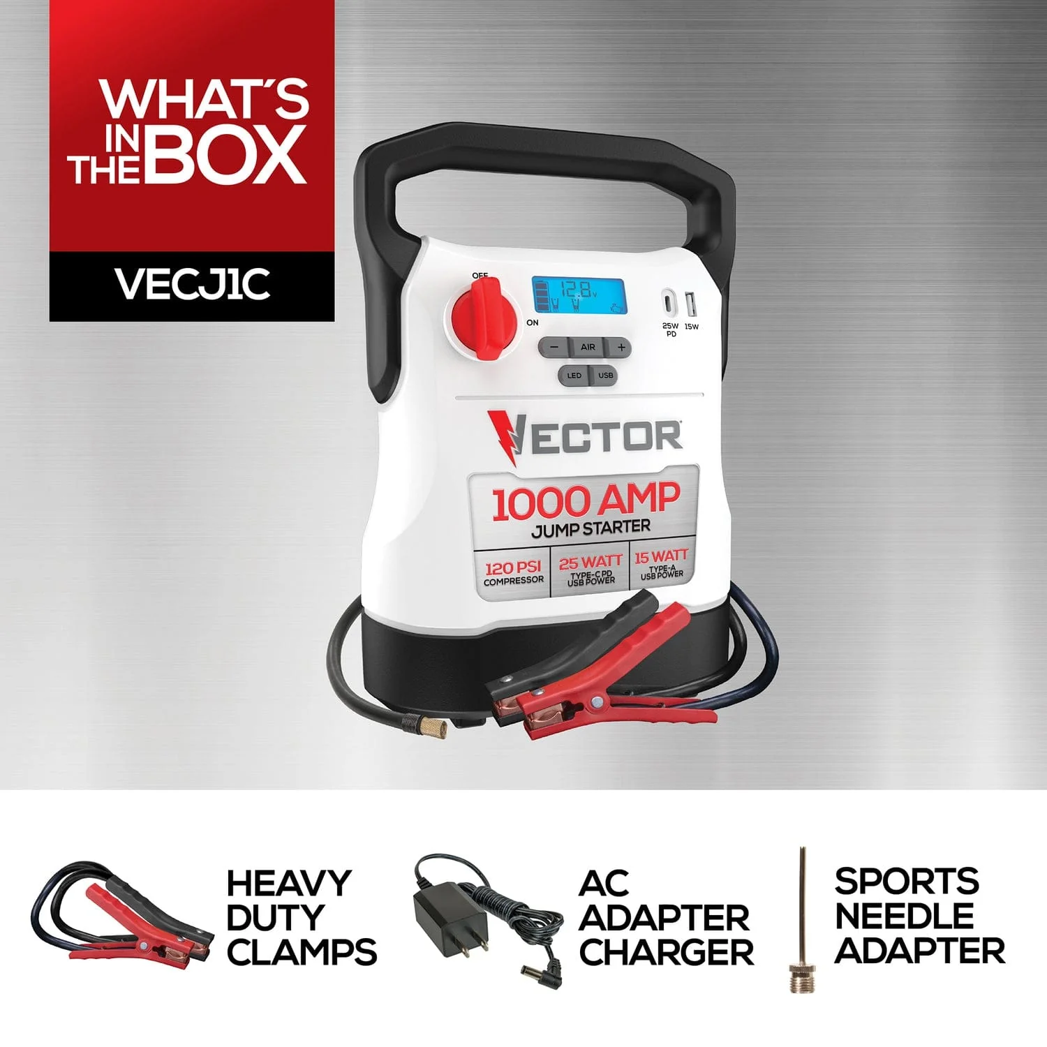 Vector 1000-Amp 12-Volt Automotive Jump Starter with Compressor and USB Power Bank, VECJ1C - Image 2